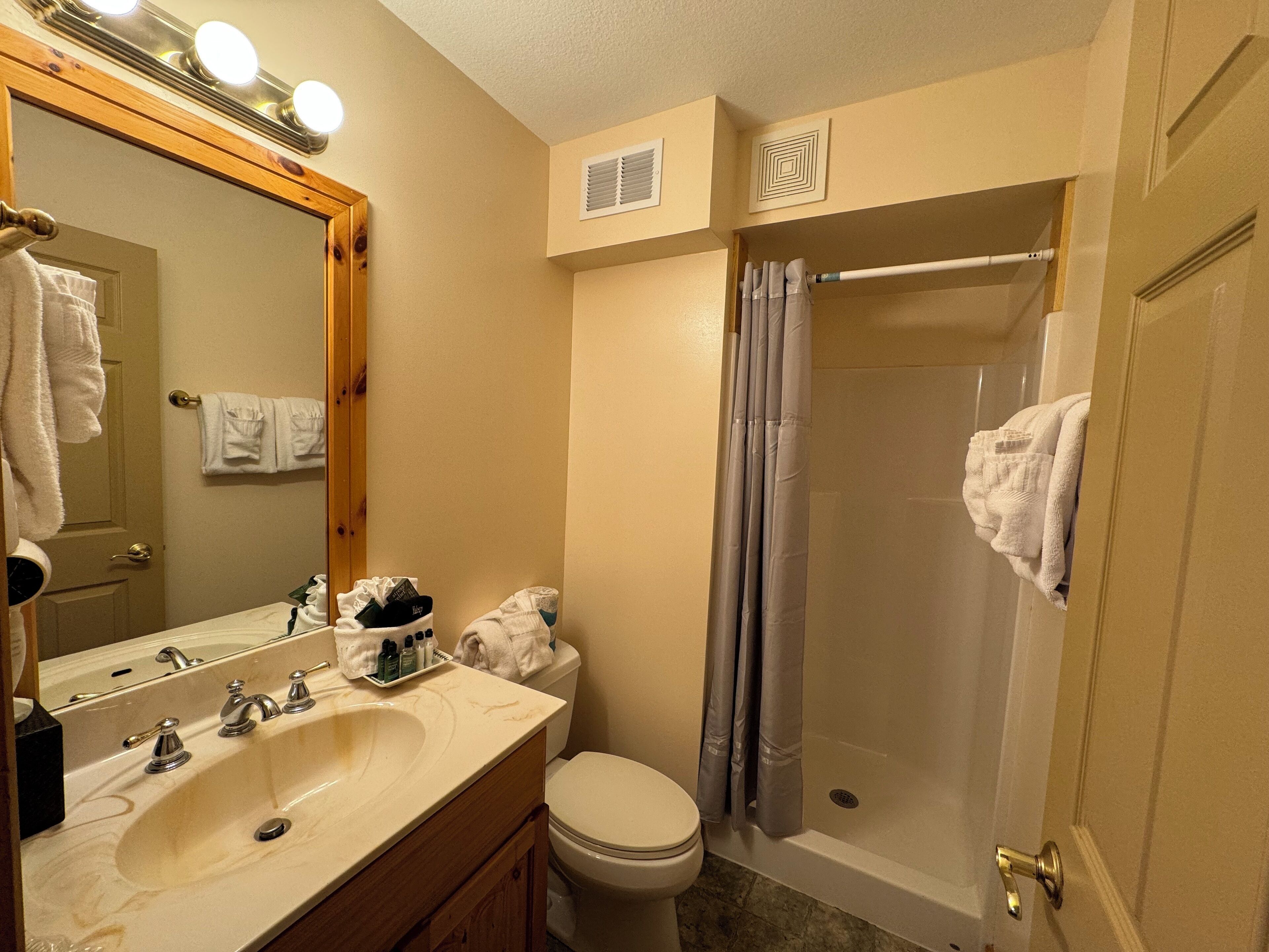Une salle de bain équipée d’un lavabo, d’un miroir, de toilettes et d’une douche.