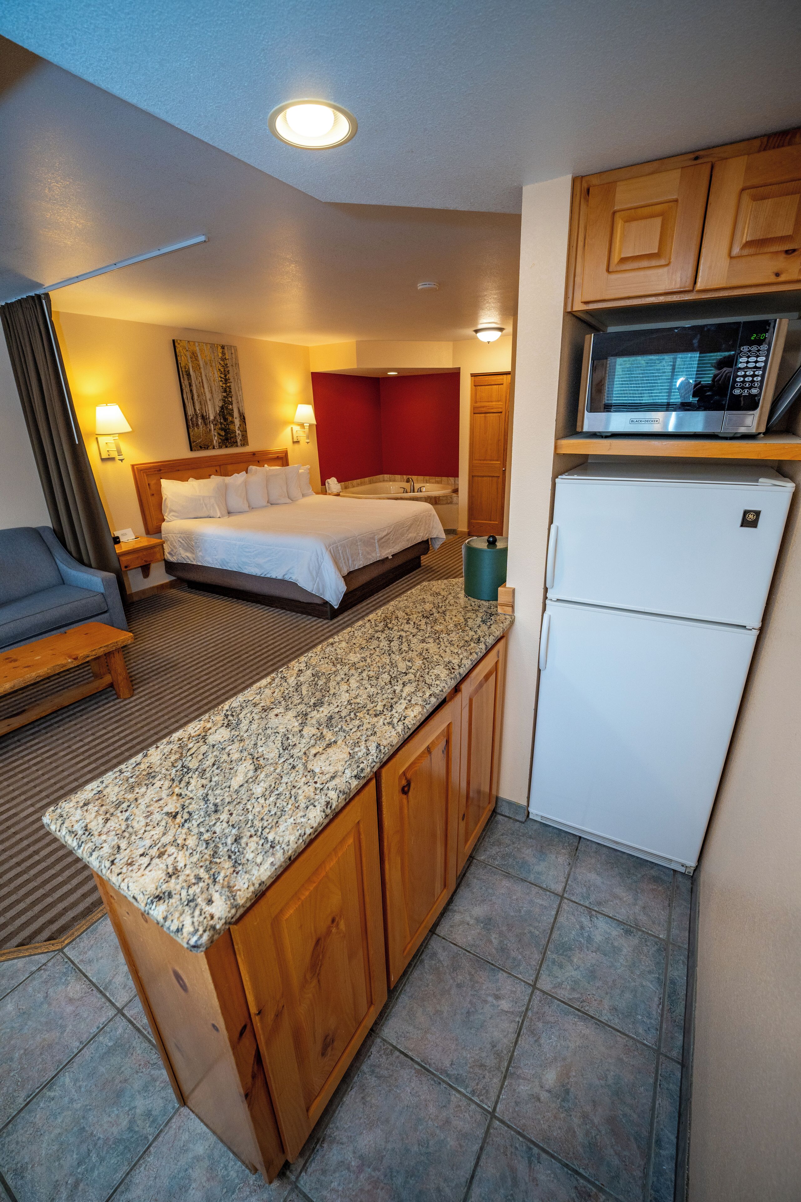 Une chambre d’hôtel de taille réduite, équipée d’un lit, d’une petite kitchenette, d’un four à micro-ondes et d’un réfrigérateur.