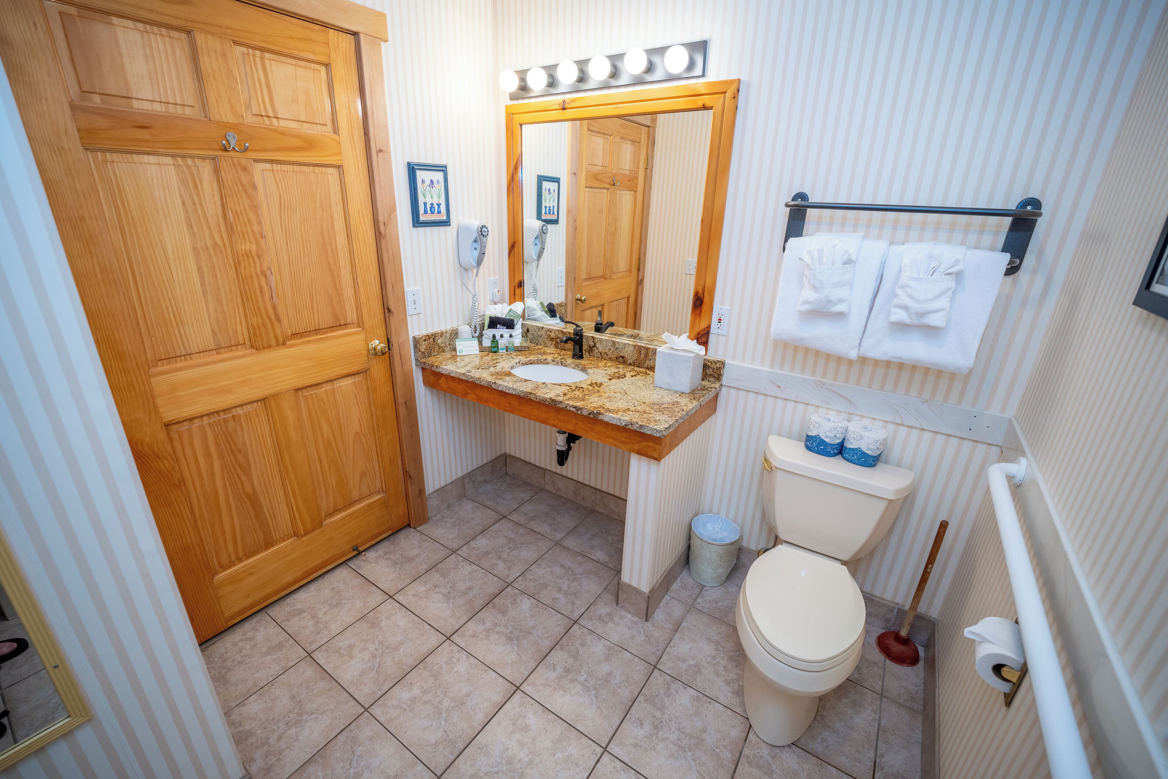 A bathroom with a wooden door, a vanity with a sink, a mirror, a toilet, and a towel rack.