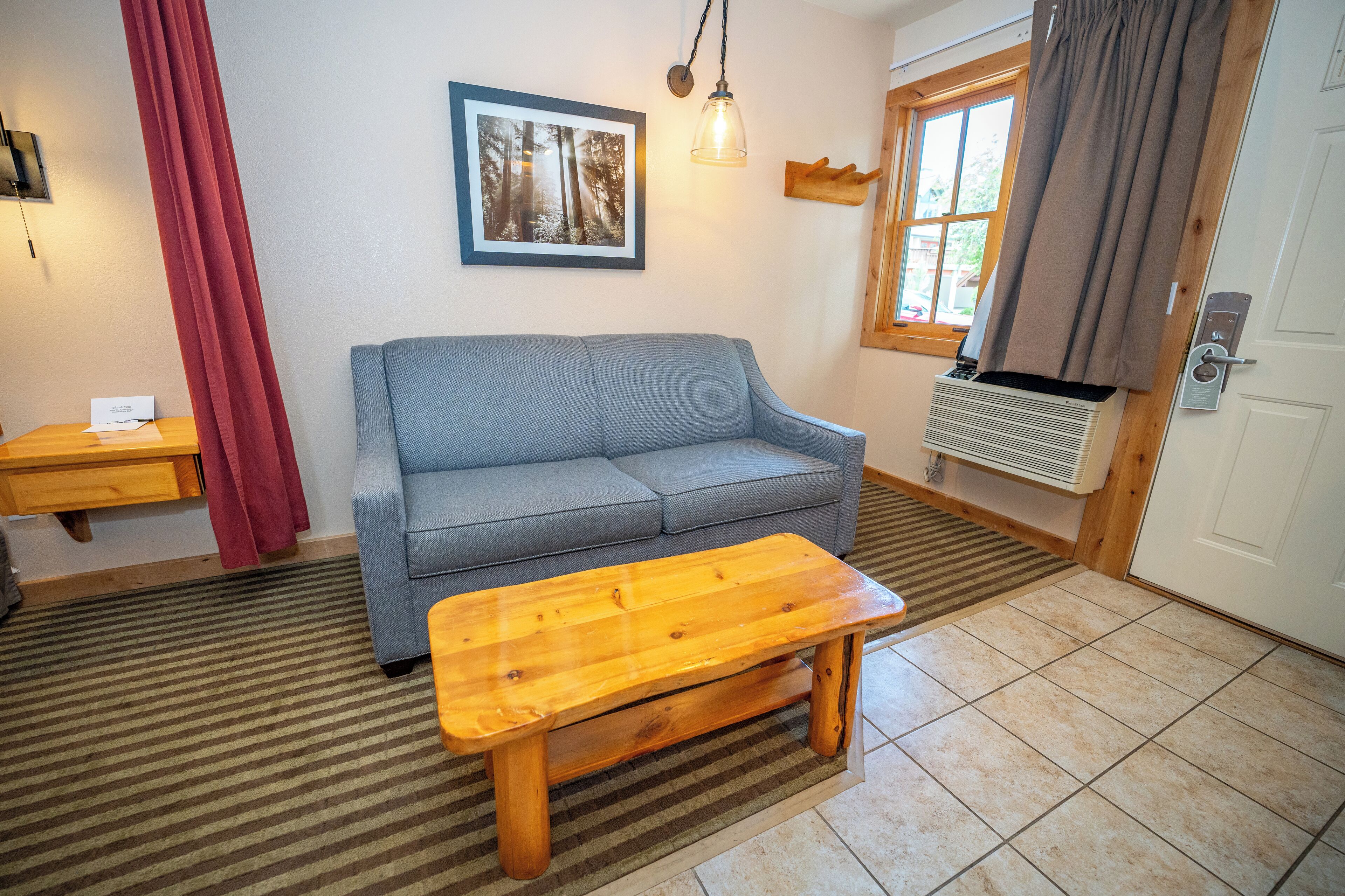 A living room with a grey sofa, a wooden coffee table, a framed picture on the wall, a window with curtains, and a door with a handle.