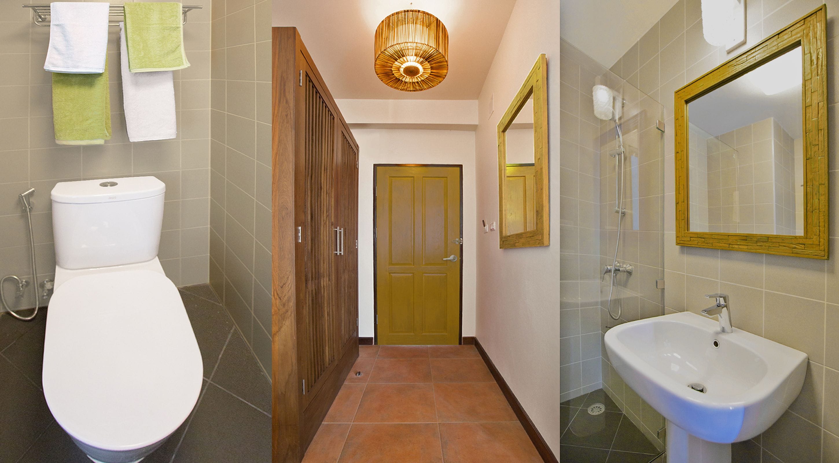 A bathroom with a toilet, a shower, and a sink.