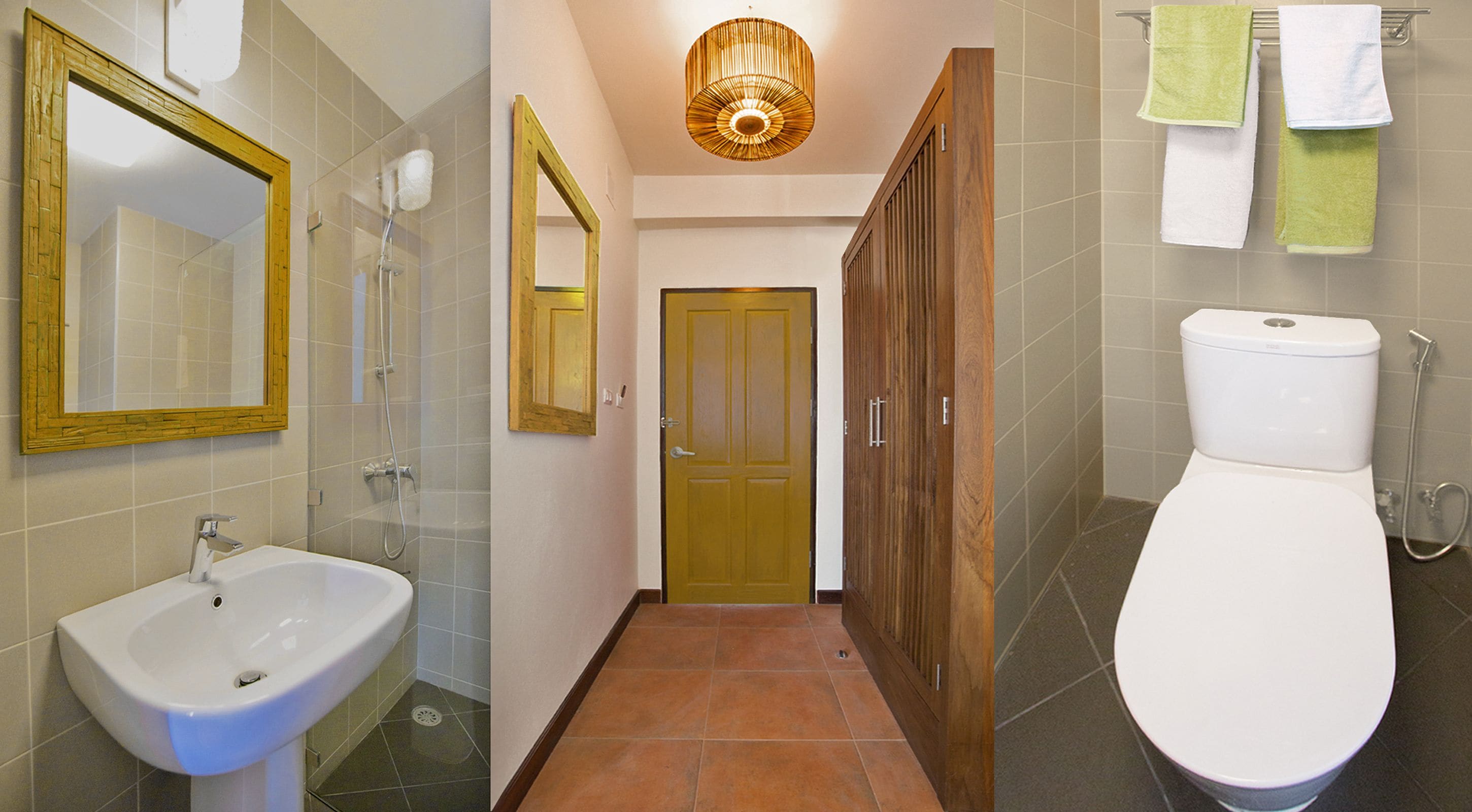 A bathroom with a sink, mirror, shower, toilet, and towel rack.