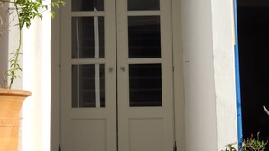 A white double door with glass panels, a small overhang above, and a potted plant to the left.