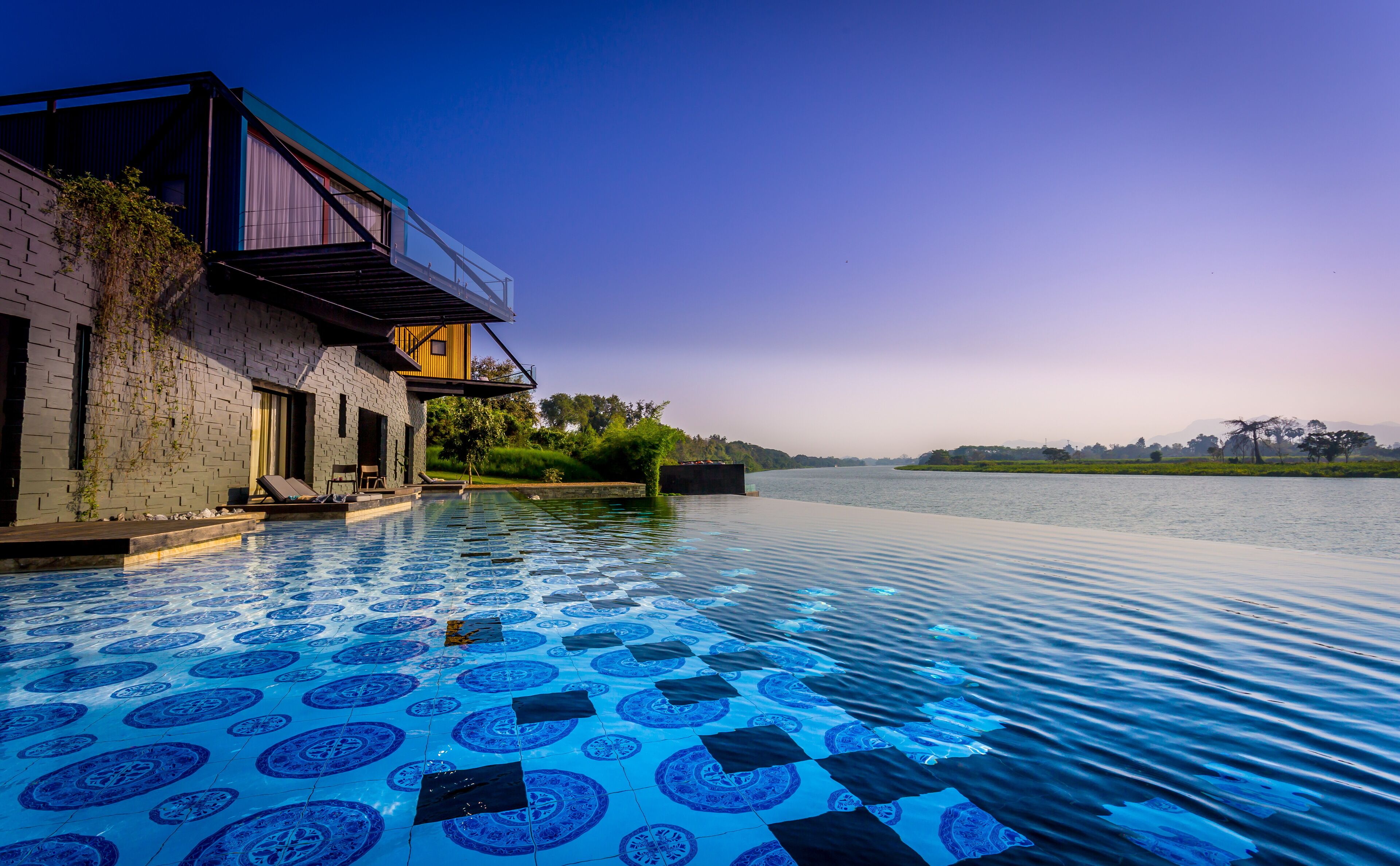 outdoor pool, pool loungers