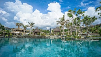 Outdoor pool, pool umbrellas, pool loungers