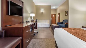 Una habitación de hotel con cama, escritorio con televisor, silla, sofá y baño con bañera.