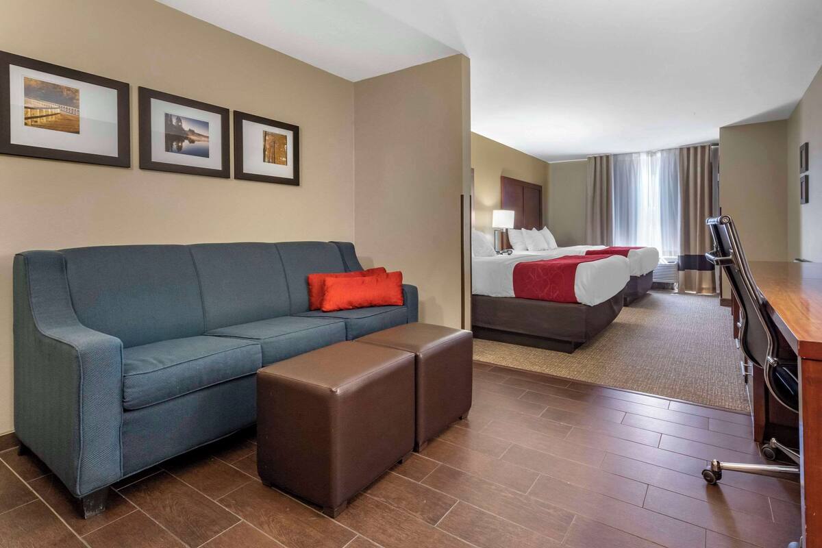 A hotel room with a sofa, a bed, a desk, and a chair. There are framed pictures on the wall.