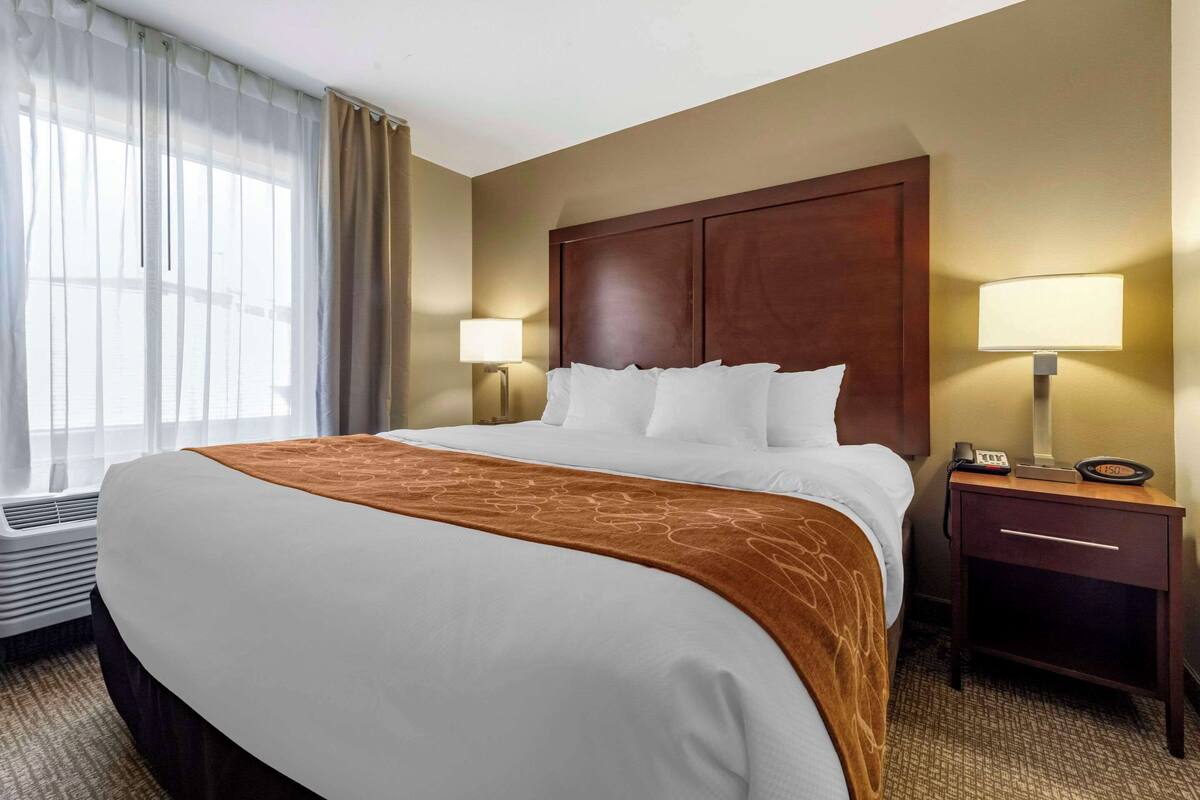 A hotel room with a large bed, two bedside lamps, a nightstand with a phone, and a window with curtains.