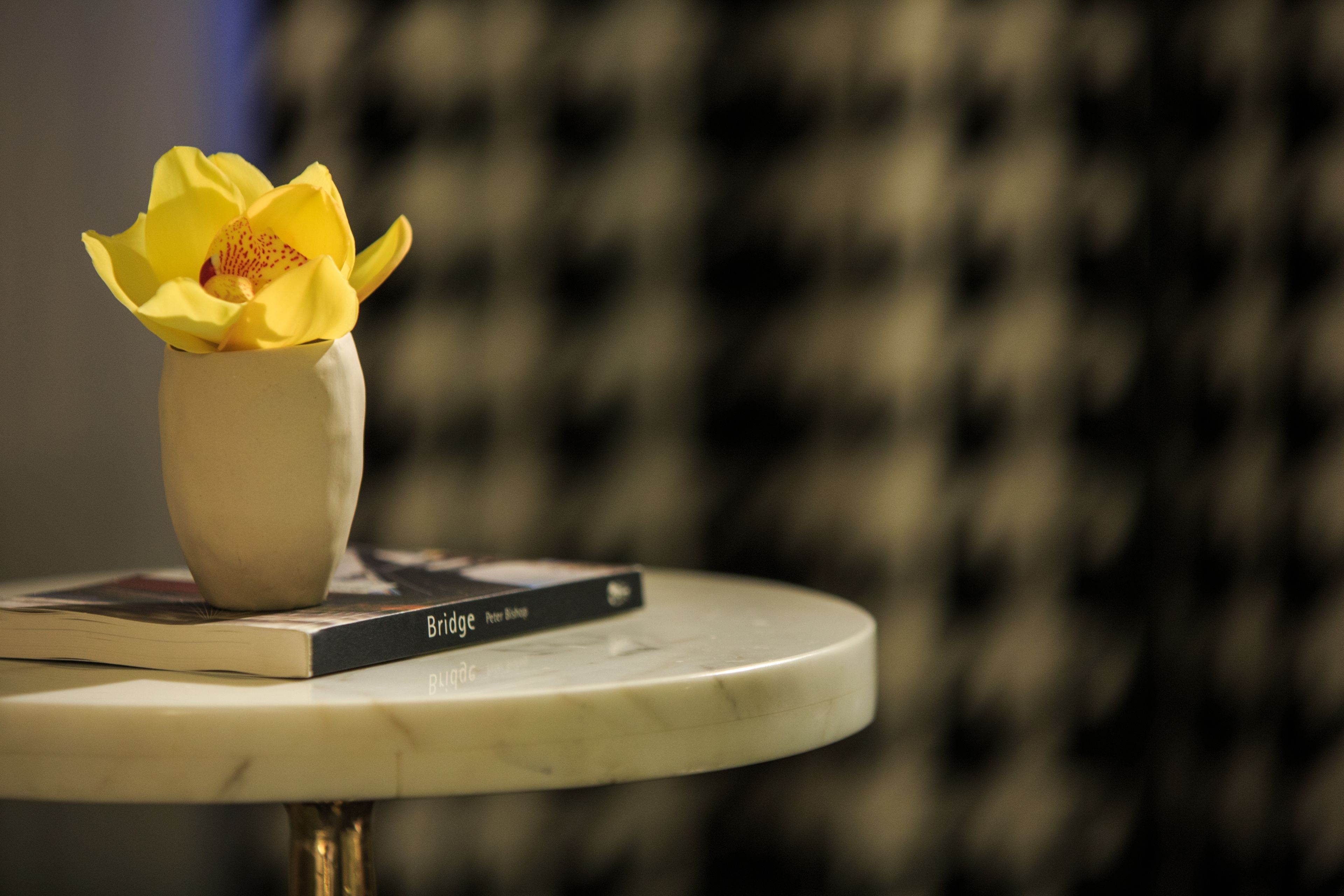 A white vase with a yellow flower on a round table, with a book titled "Bridge" beside it.