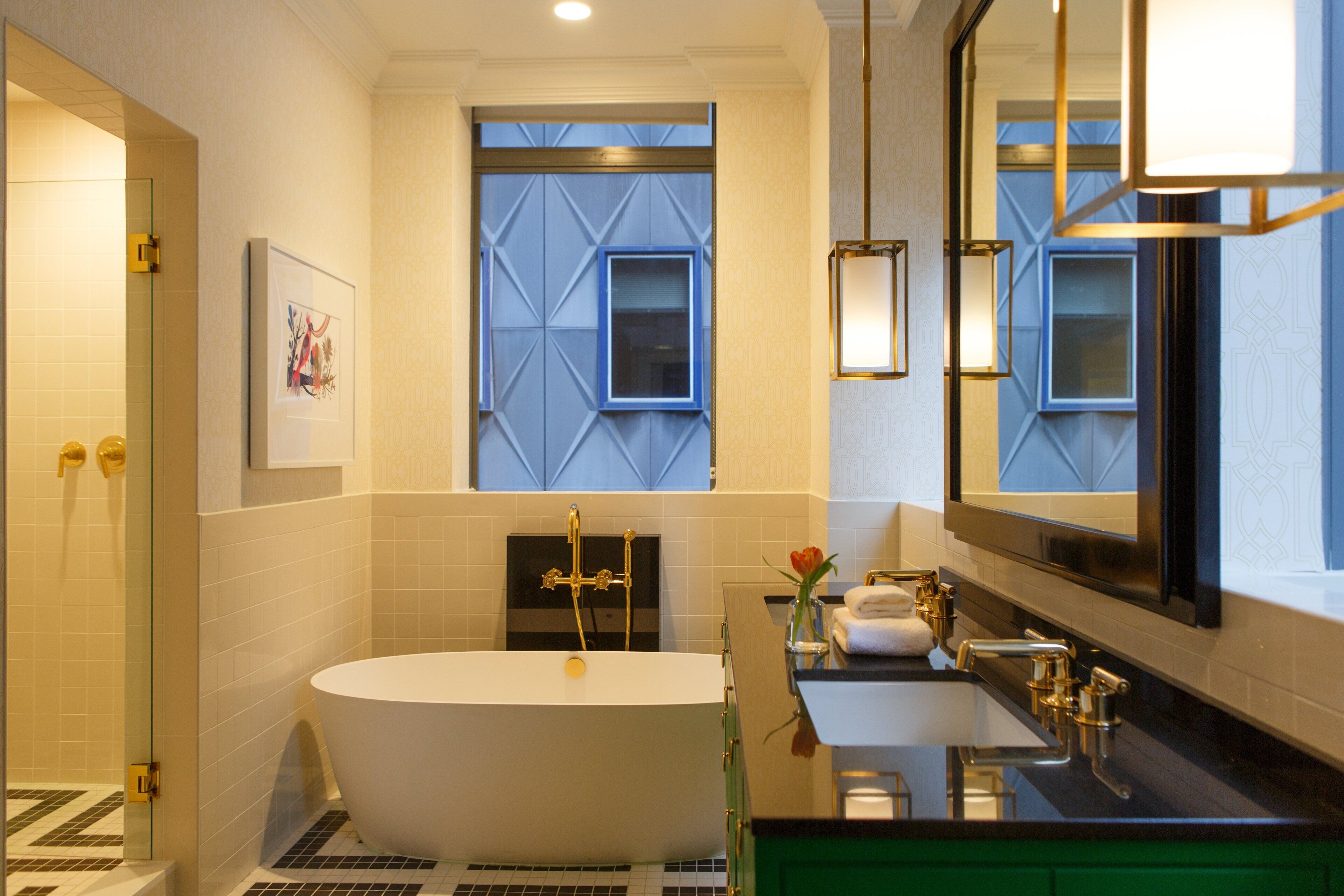 designer toiletries, hair dryer, bathrobes, towels