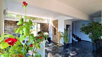 Un interior amplio con pared de piedra, una escalera y plantas en macetas.
