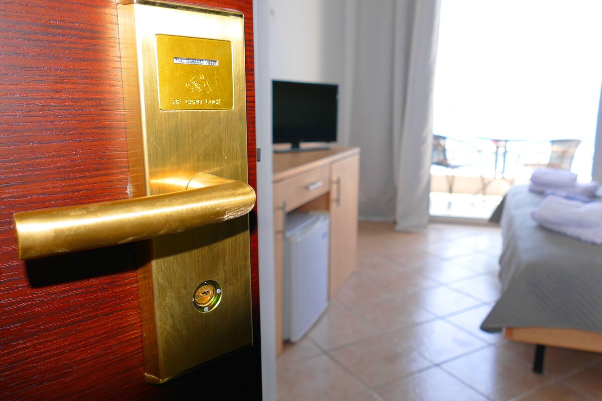 A hotel room with a wooden door, a desk with a television, a bed with a blanket, and a view of the outside.