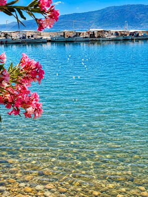 A marina with boats docked, clear water, and a mountain in the background. - Porto Evia Boutique Hotel by Xenia Resorts (Eretria)