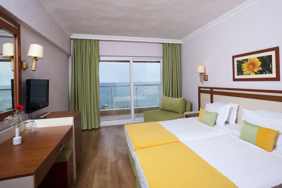 Habitación de hotel con cama, escritorio, televisor, ventana con cortinas y un cuadro en la pared.