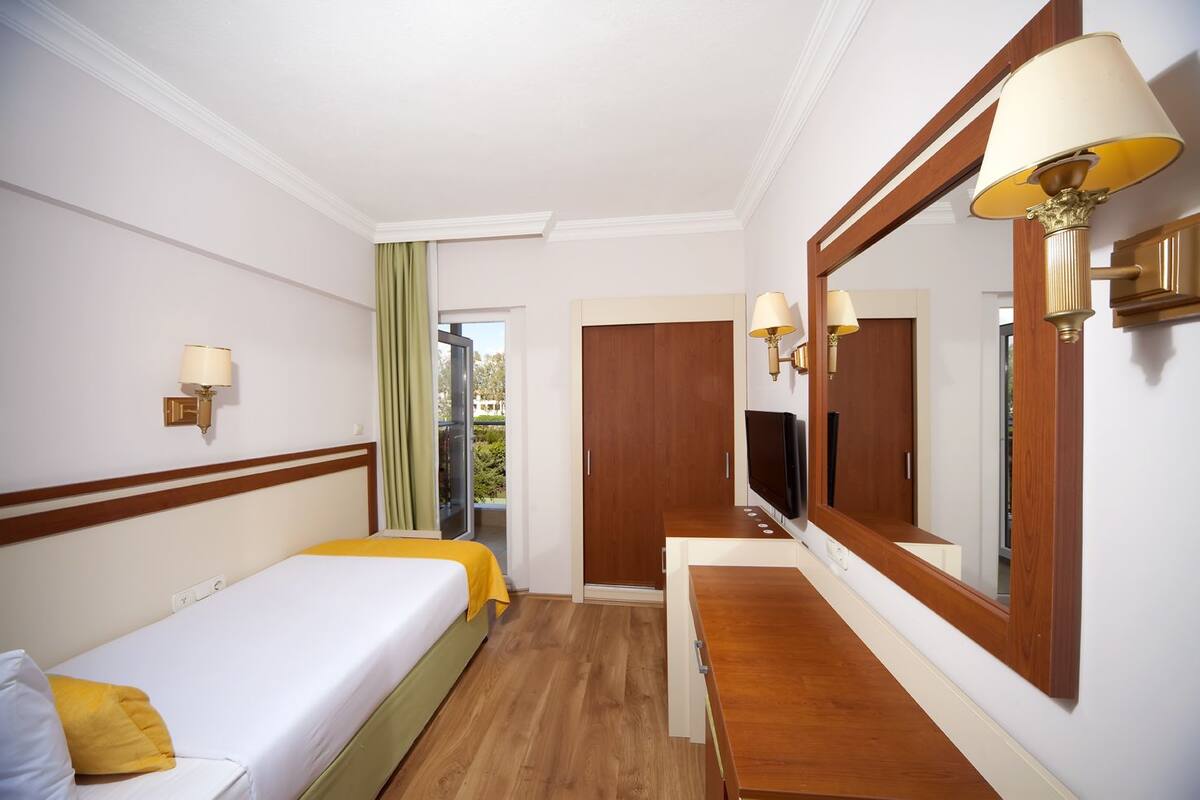 Una habitación de hotel con cama, escritorio, espejo y televisión.