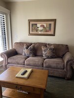 A brown leather couch with floral cushions, a framed picture on the wall, and a wooden coffee table with a remote control.
