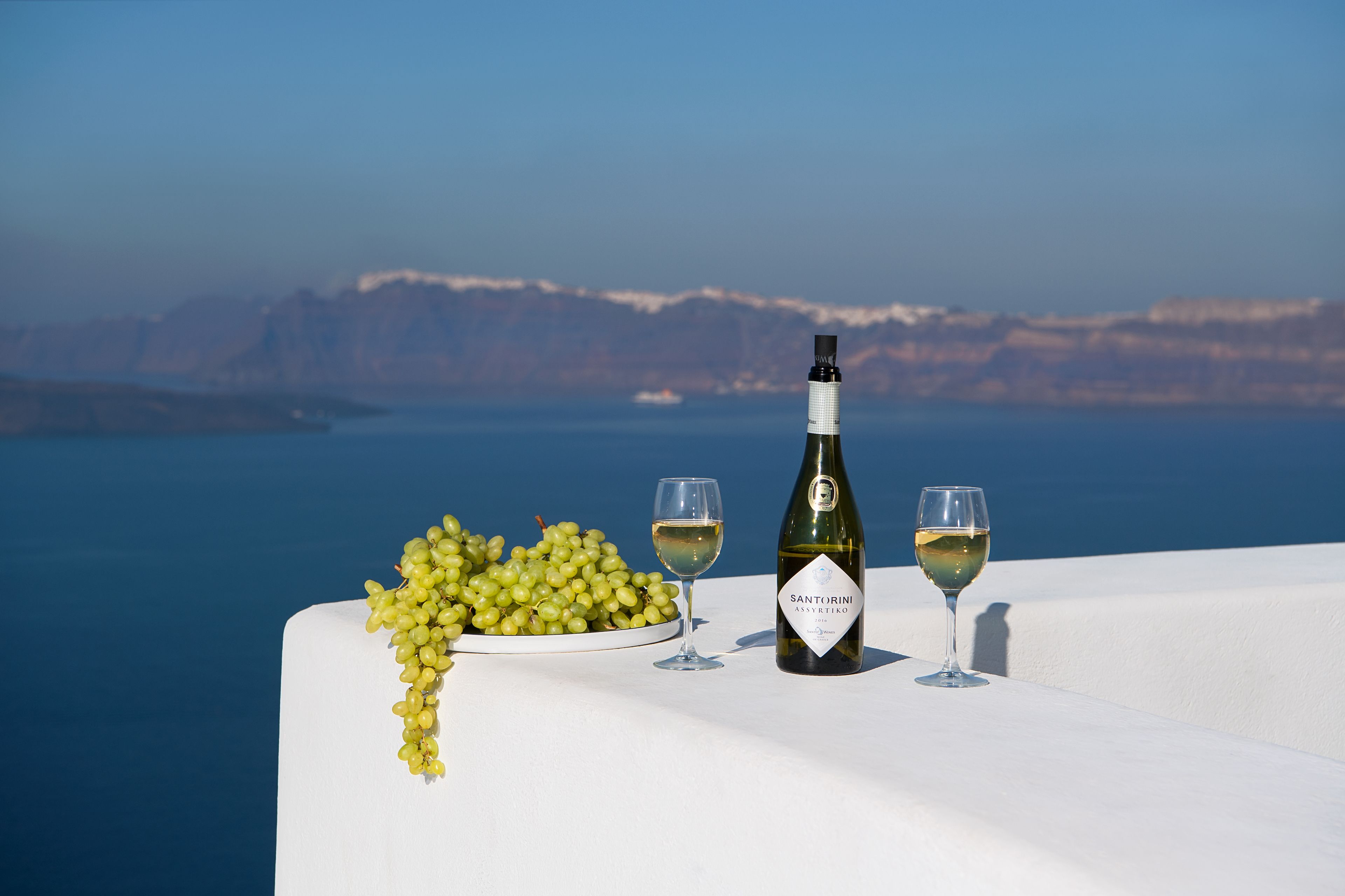 A table with a bottle of wine, two glasses, and a plate of grapes against a scenic backdrop.