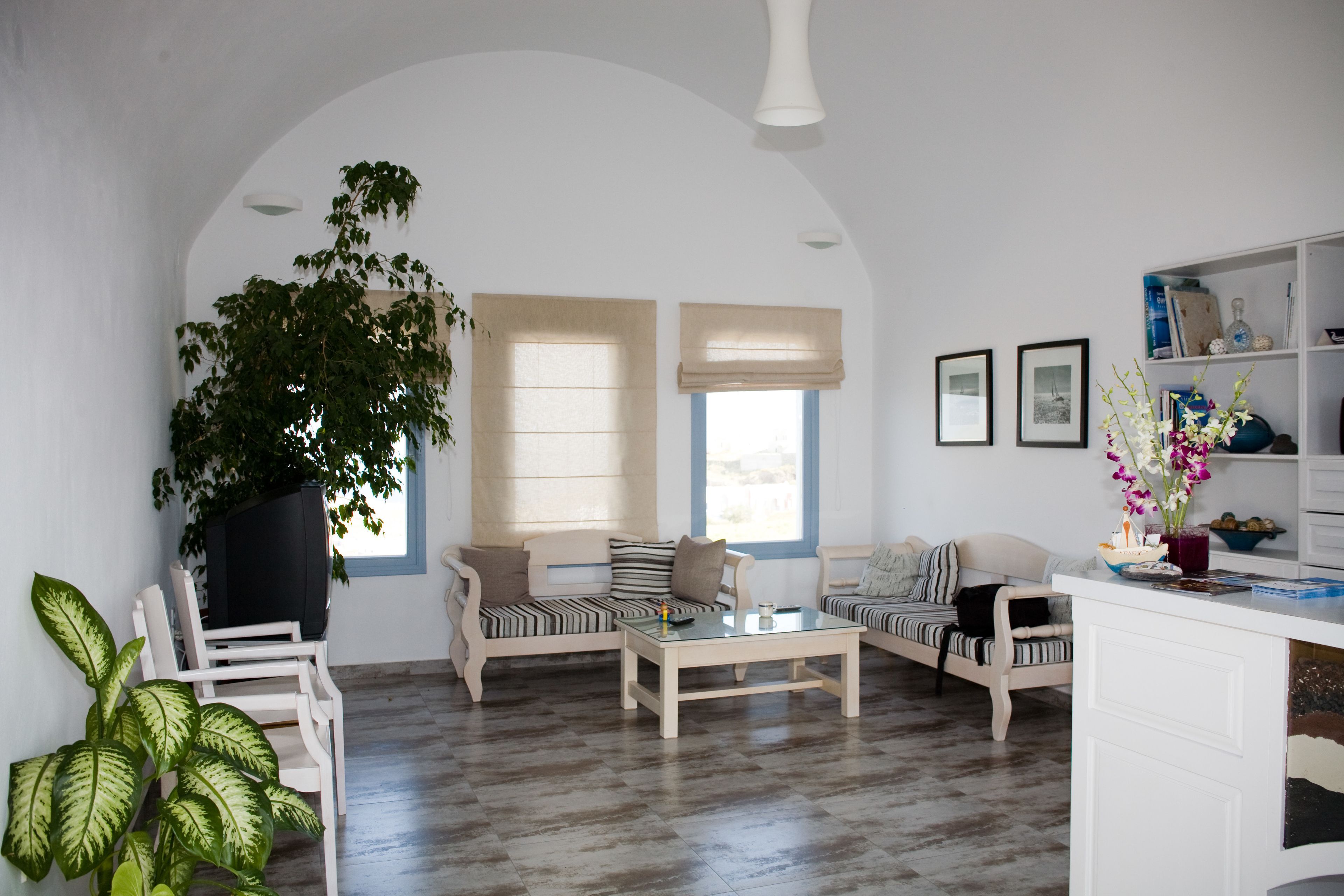 A living room with two sofas, a coffee table, a TV, and a bookshelf.