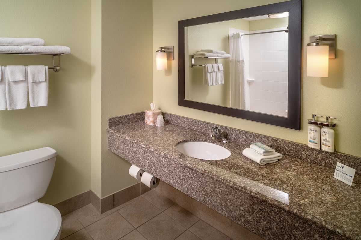 free toiletries, hair dryer, towels, soap