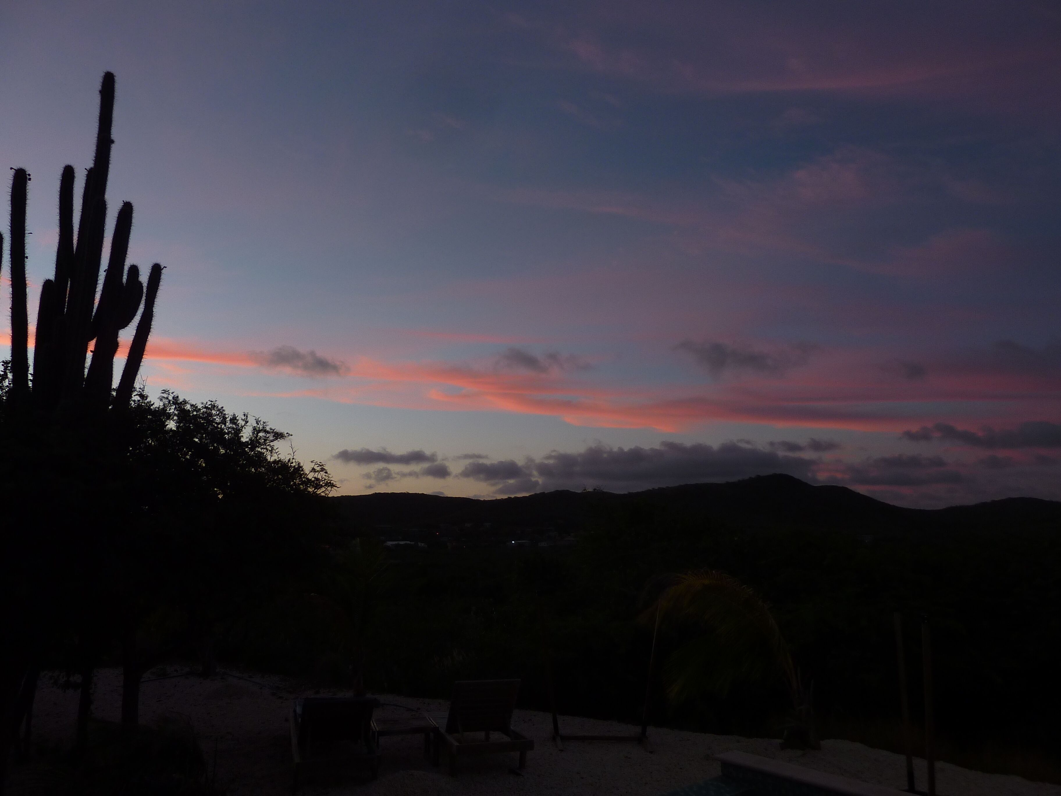 A desert landscape with a sunset, cacti, and a pool area.