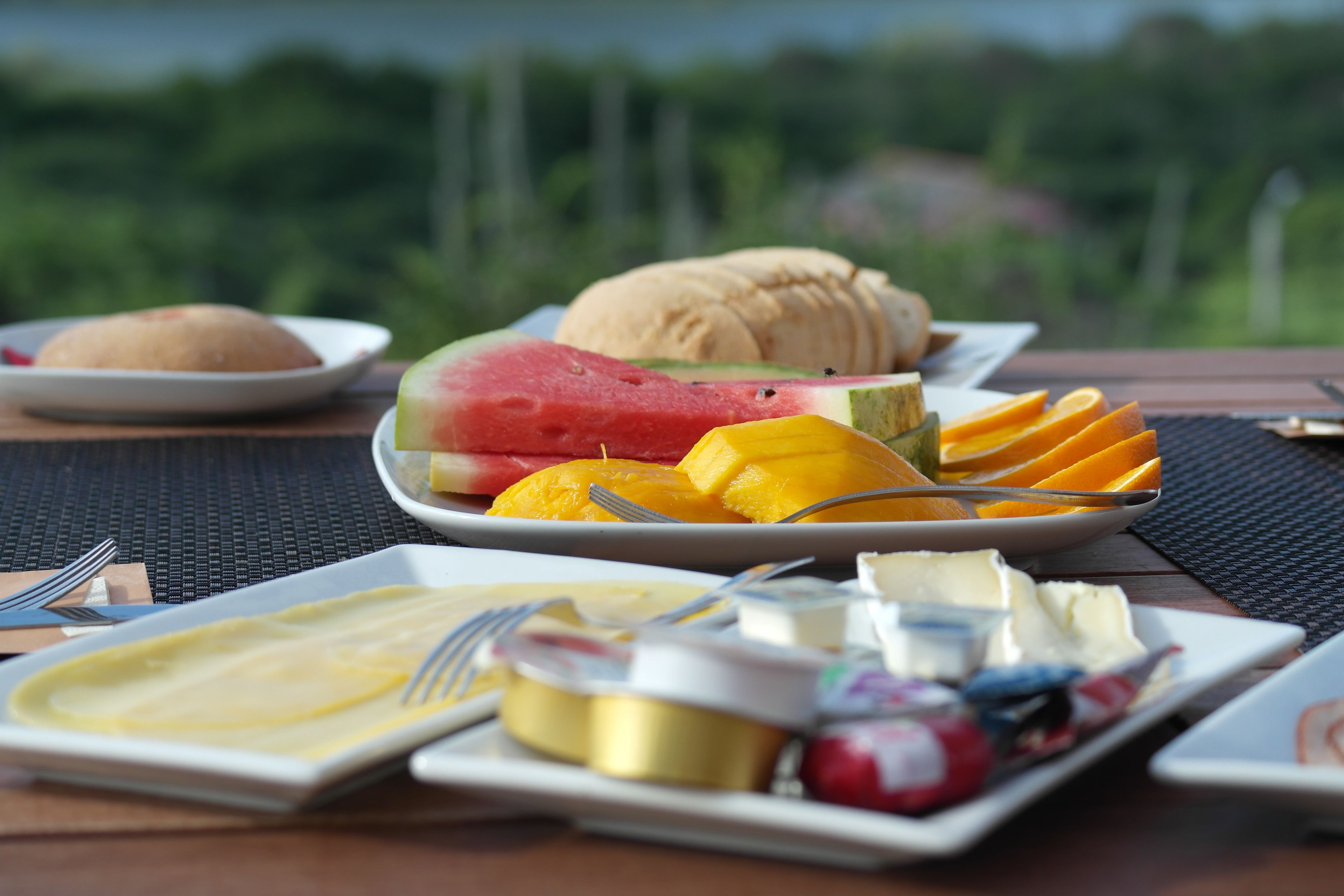 A table with plates of food including watermelon, cheese, and other items, set outdoors with a view of greenery.