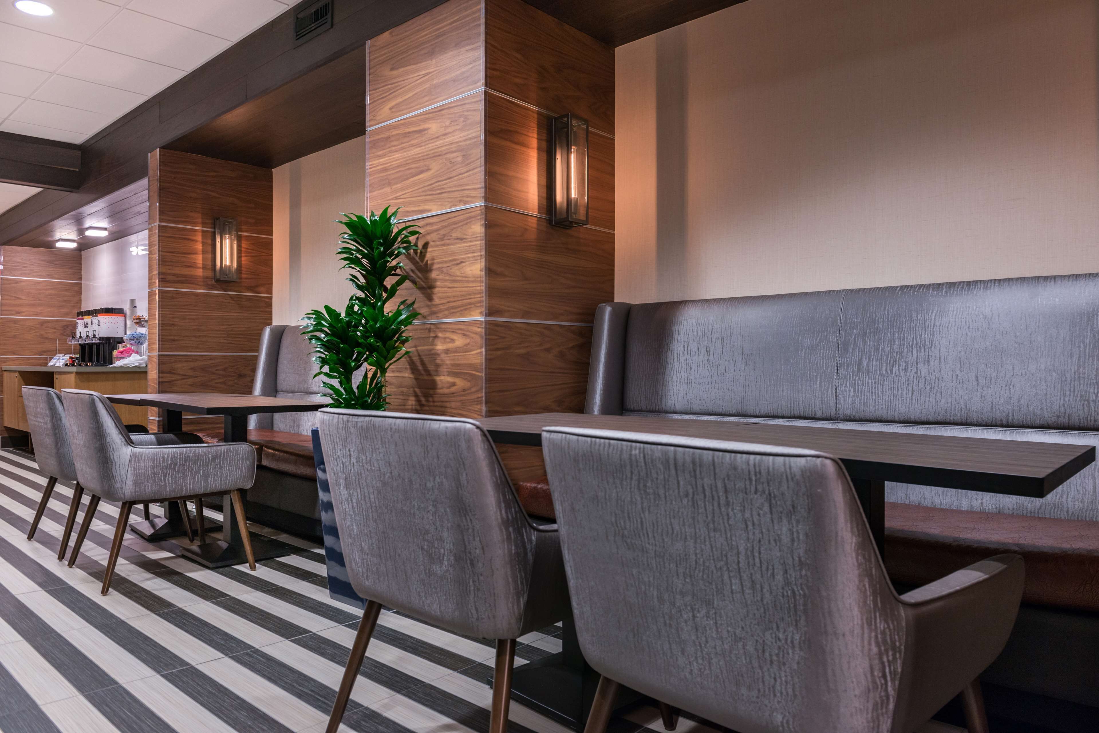 Un moderno vestíbulo de hotel con una zona de estar que incluye sillas tapizadas en gris y un banco, una planta en maceta y una estación de café.