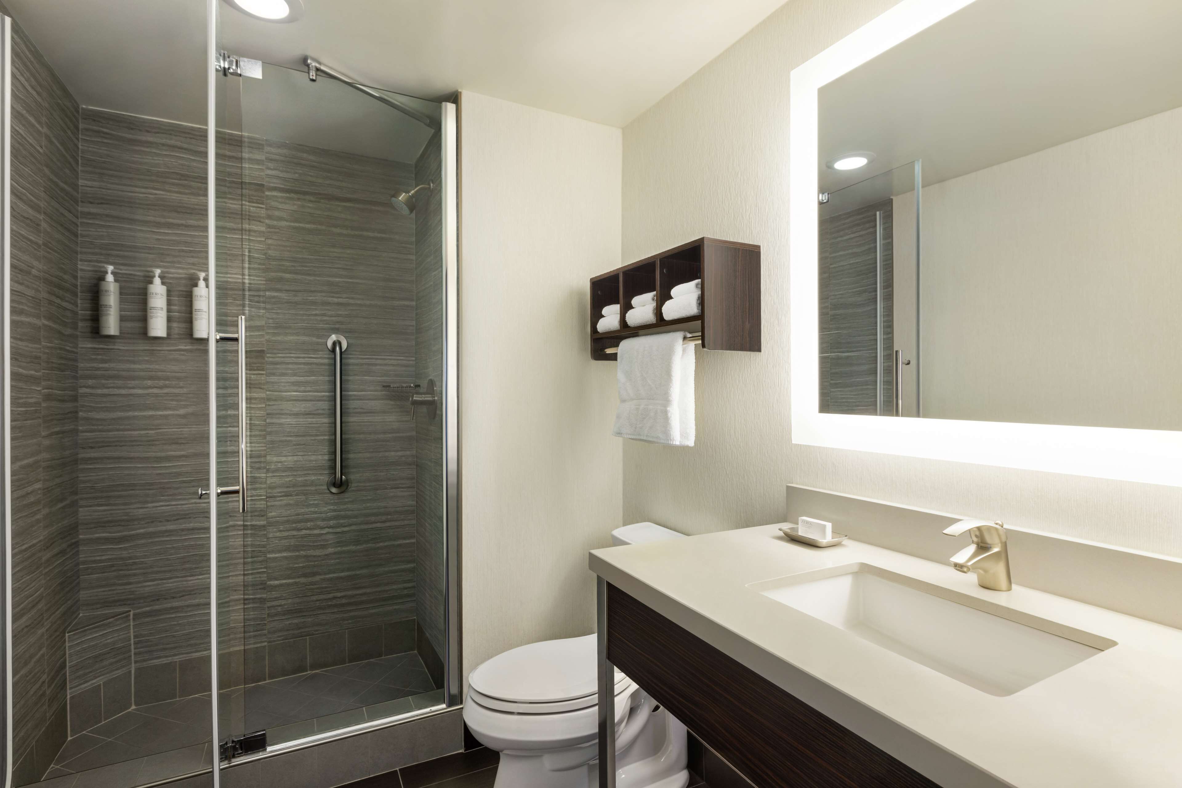 A modern bathroom with a glass shower enclosure, a toilet, a sink with a mirror, and a shelf with toiletries.