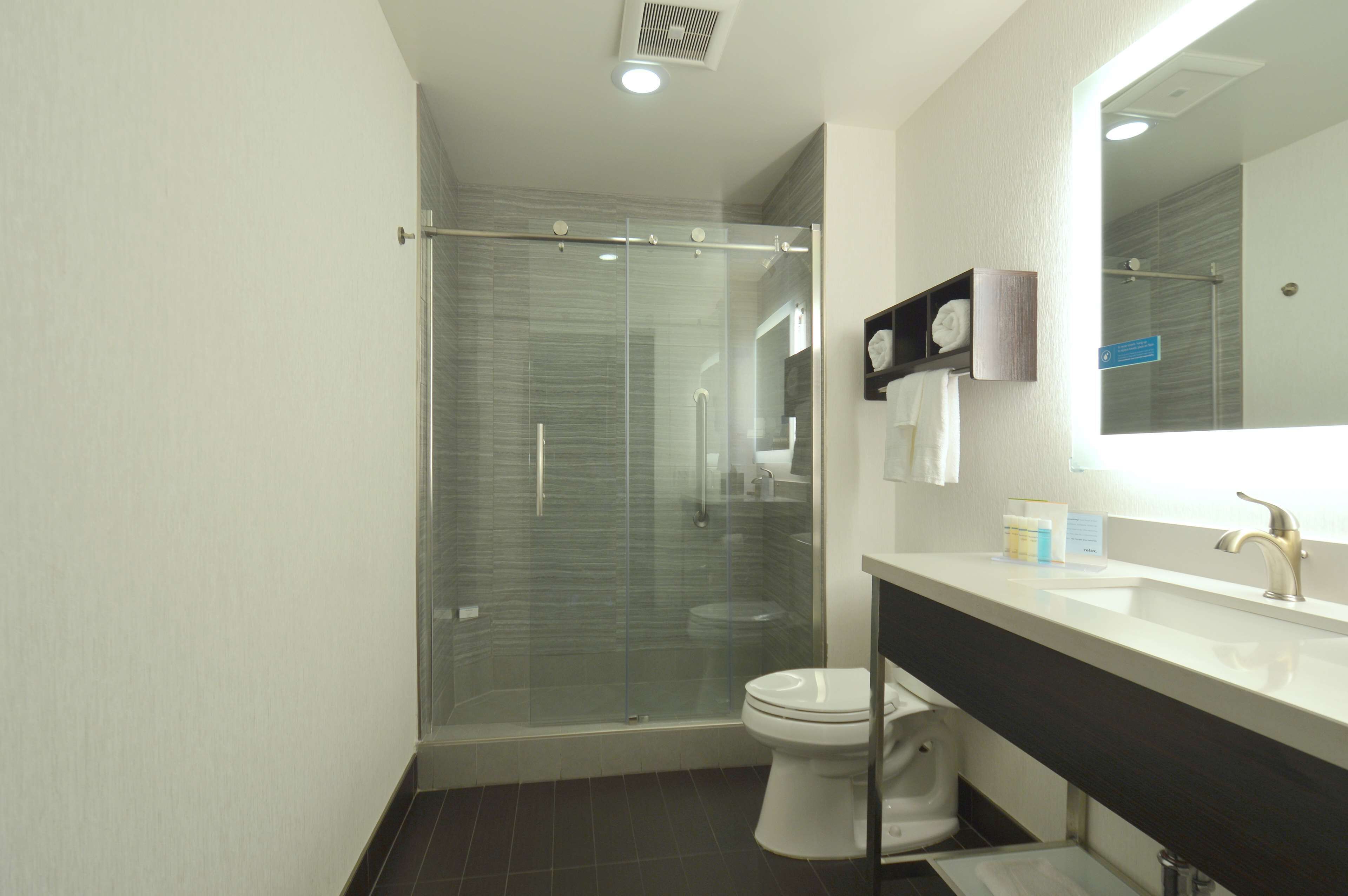 A modern bathroom with a glass-enclosed shower, a white toilet, and a vanity with a mirror and sink.