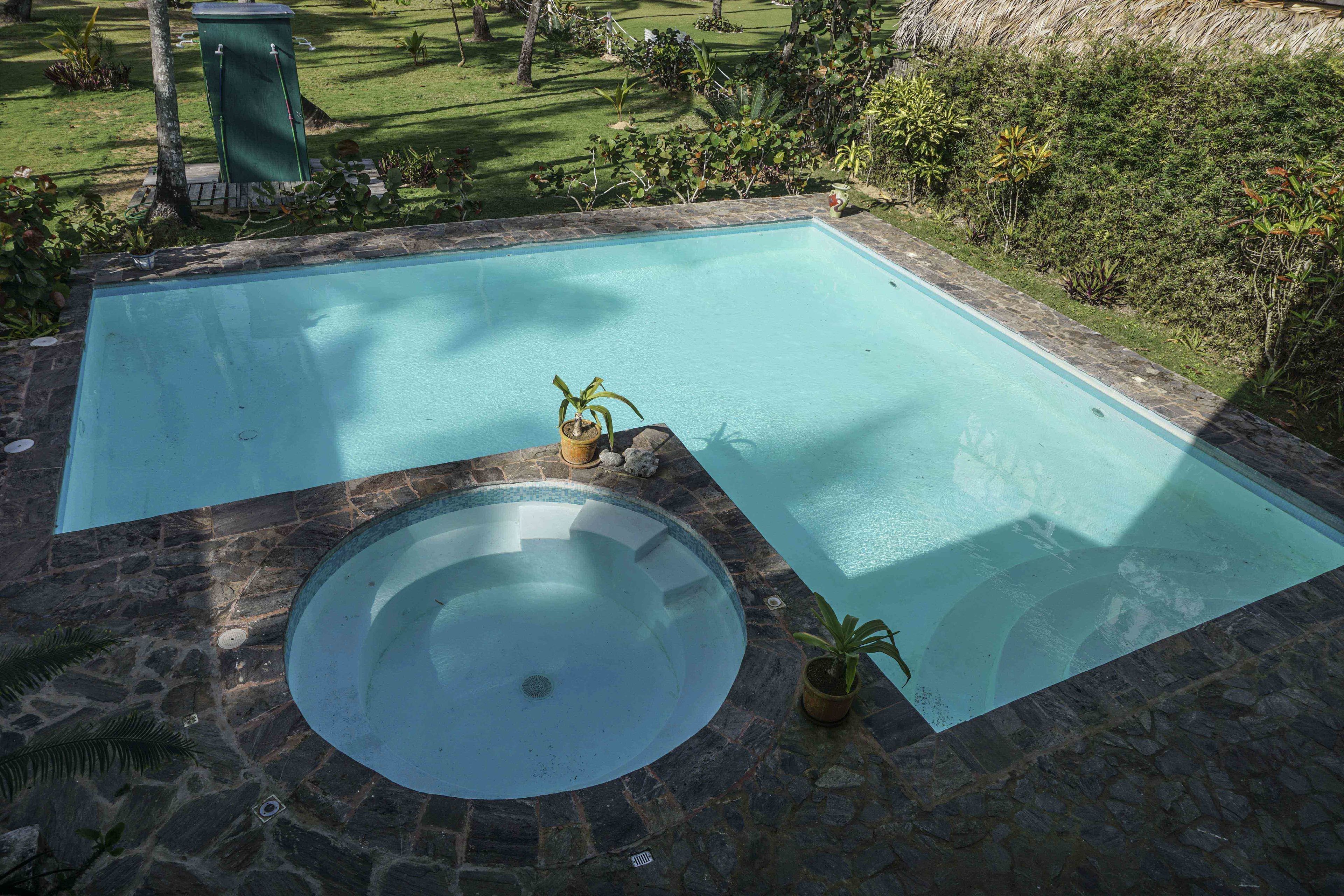 A rectangular swimming pool with a circular hot tub in the center, surrounded by stone tiles and potted plants.