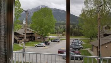 A view from a window overlooking a parking lot with several cars, a building with a sloped roof, and a mountain in the background.