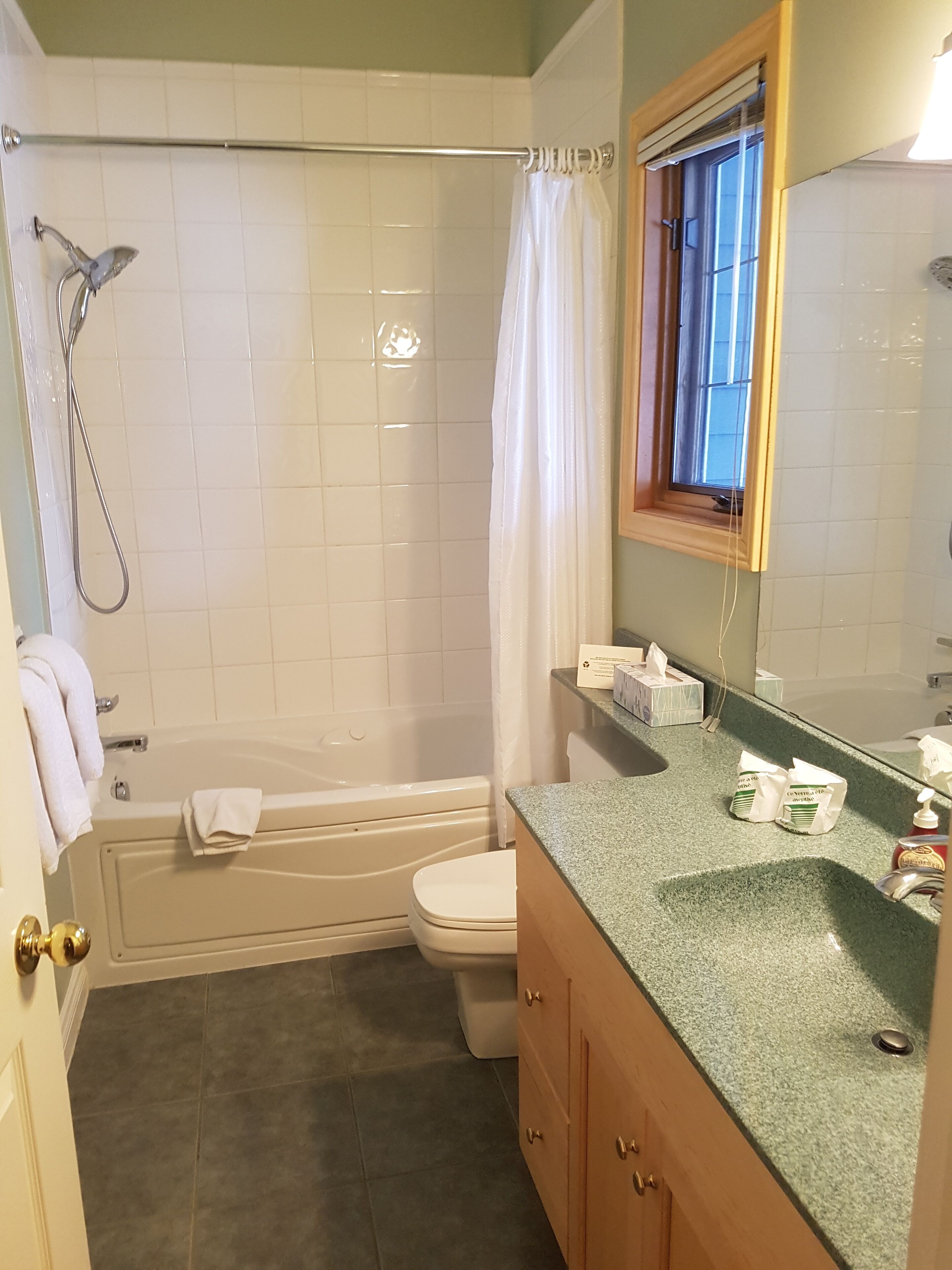 Un baño con bañera, inodoro y ducha. Se ve una ventana con vistas al exterior, y hay artículos de aseo en la encimera.