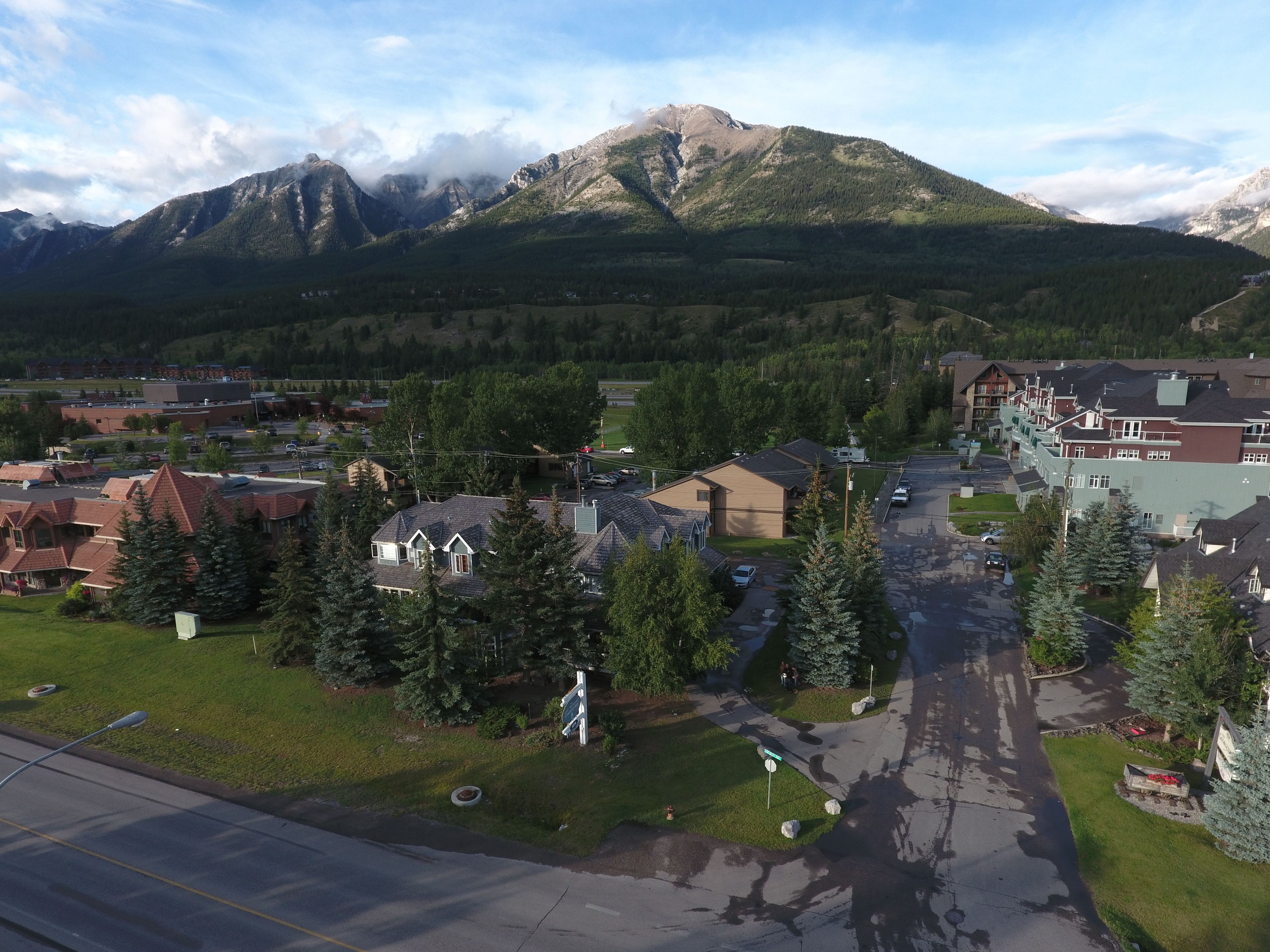 A residential area with houses, a road, and a mountain in the background.