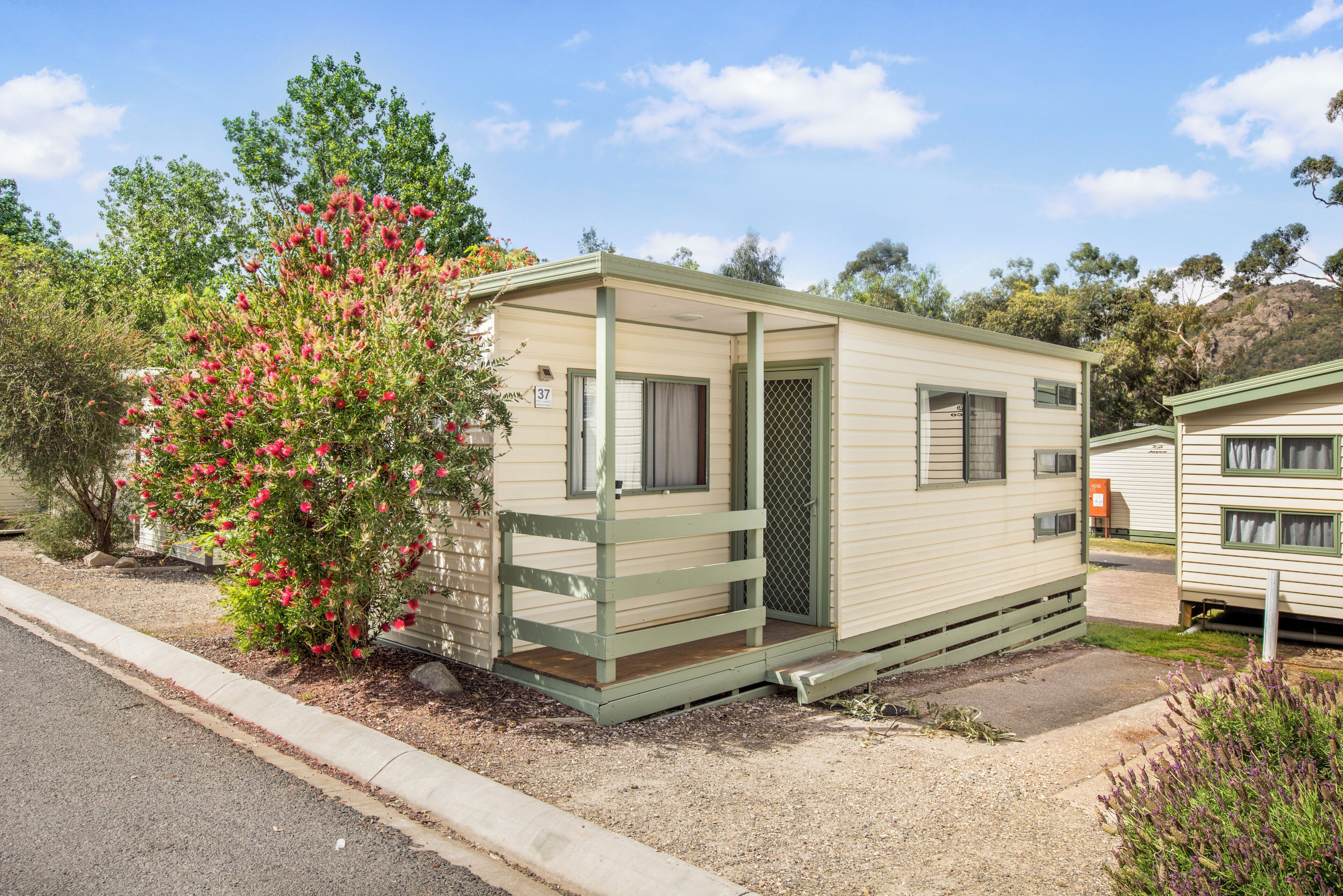 Une petite maison mobile d’un seul étage, avec une porte et des fenêtres vertes, située à côté d’un arbre aux fleurs roses.