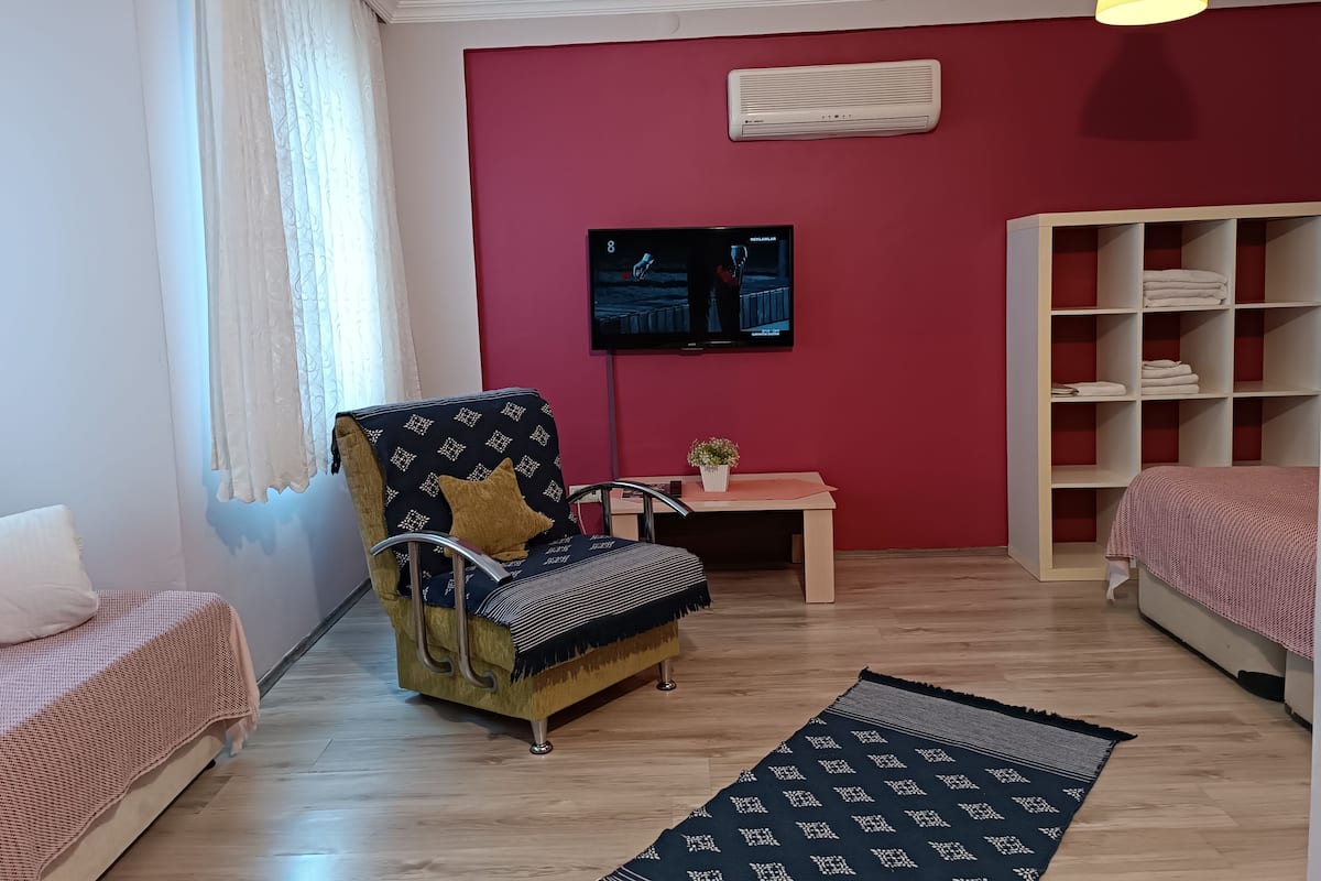 Ein Zimmer mit einem Bett, einem Sessel, einem Fernseher und einem Regal.