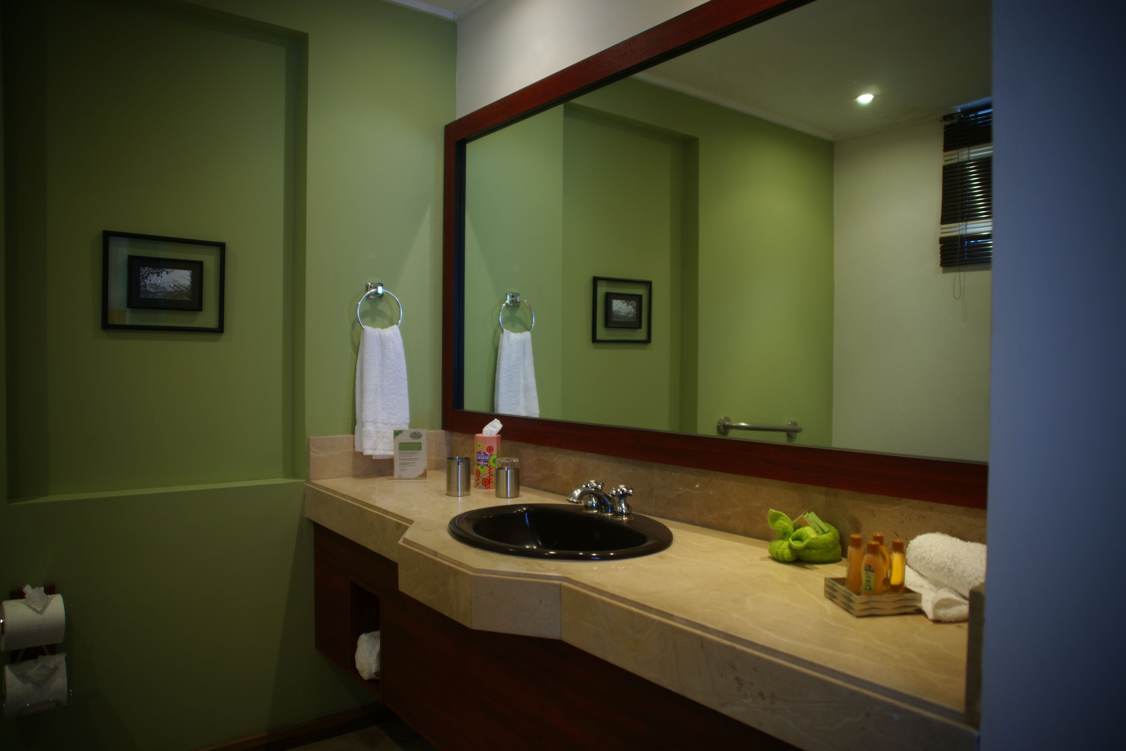 A bathroom with a sink, mirror, towel rack, and a green wall.