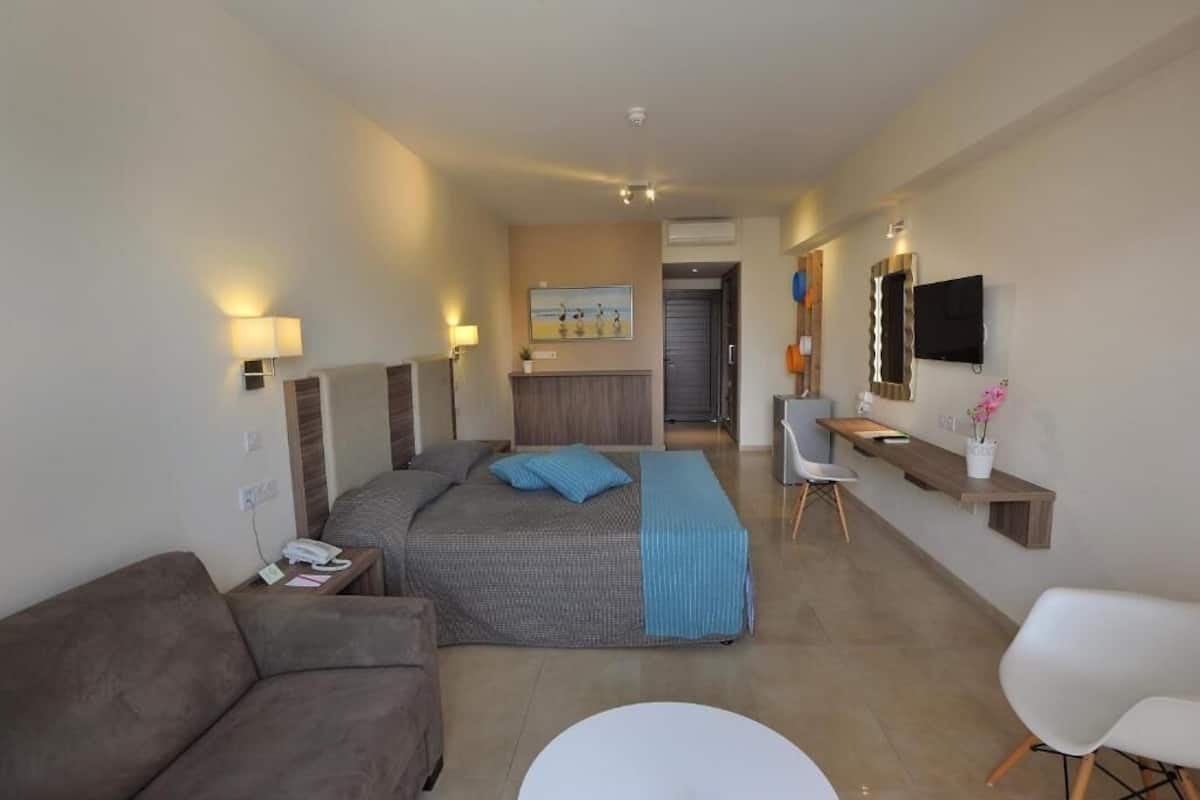 Une chambre d’hôtel avec un lit, un canapé, un bureau et une télévision.