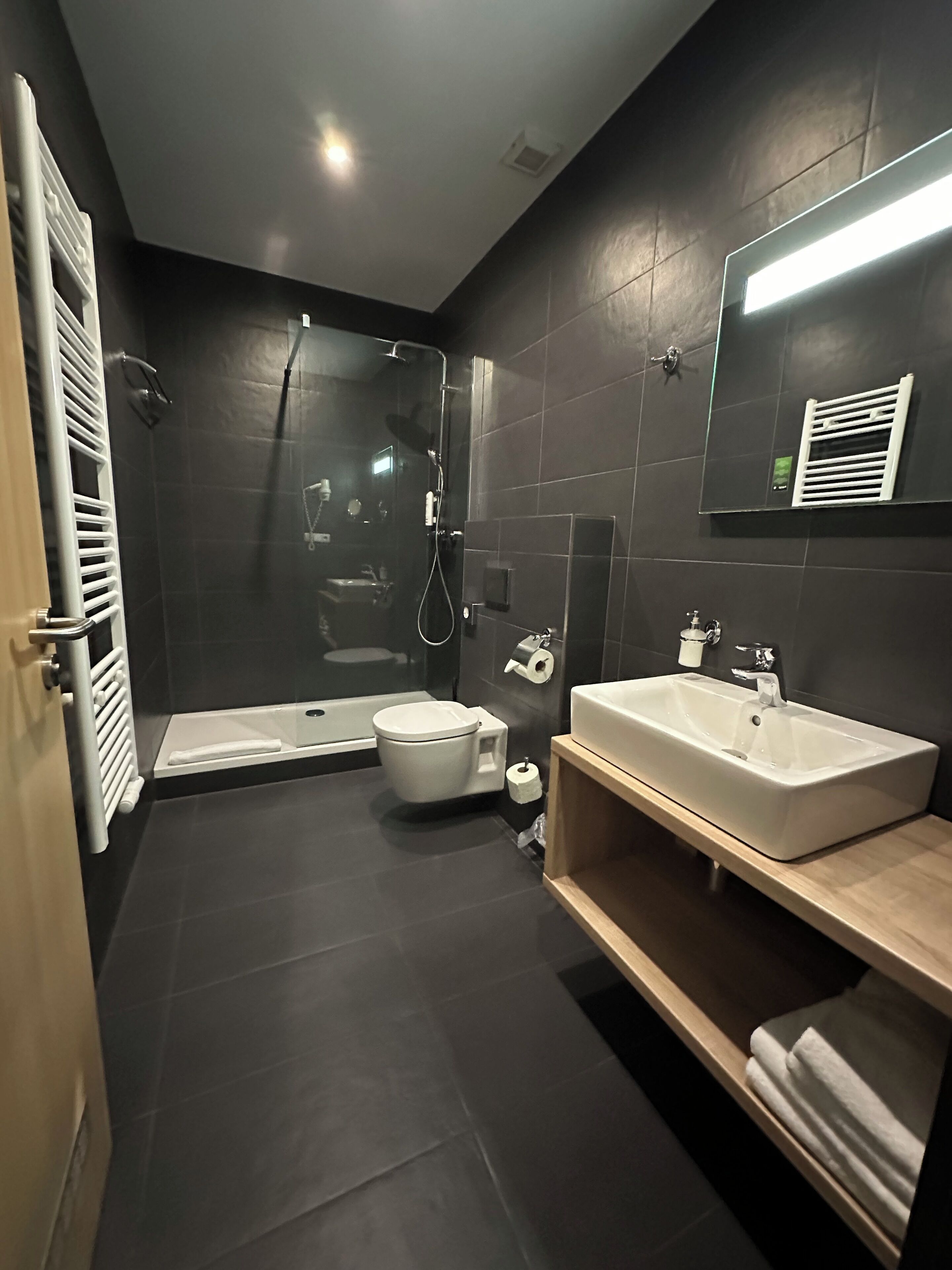 shower, free toiletries, hair dryer, towels