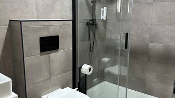 A modern bathroom with a glass-enclosed shower, a toilet, and a sink.