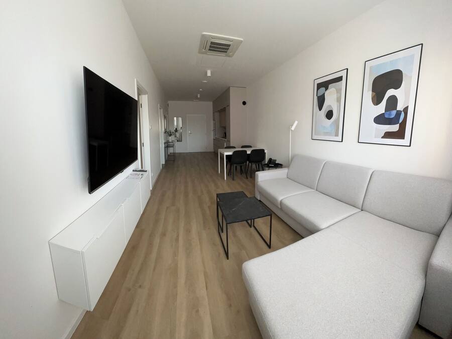 A modern living room with a flat-screen TV, a sofa, a coffee table, and a dining area with chairs and a table.