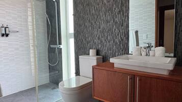 A modern bathroom with a glass shower enclosure, a toilet, a vanity with a sink, and a mirror.