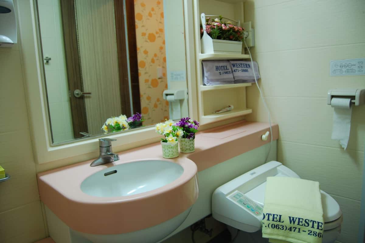 separate bathtub and shower, free toiletries, hair dryer, slippers