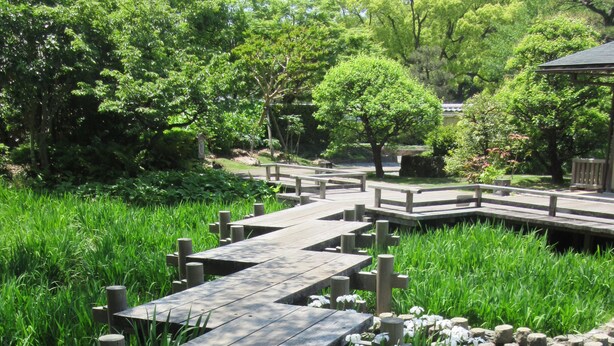 A wooden bridge over a pond with surrounding greenery and flowers.