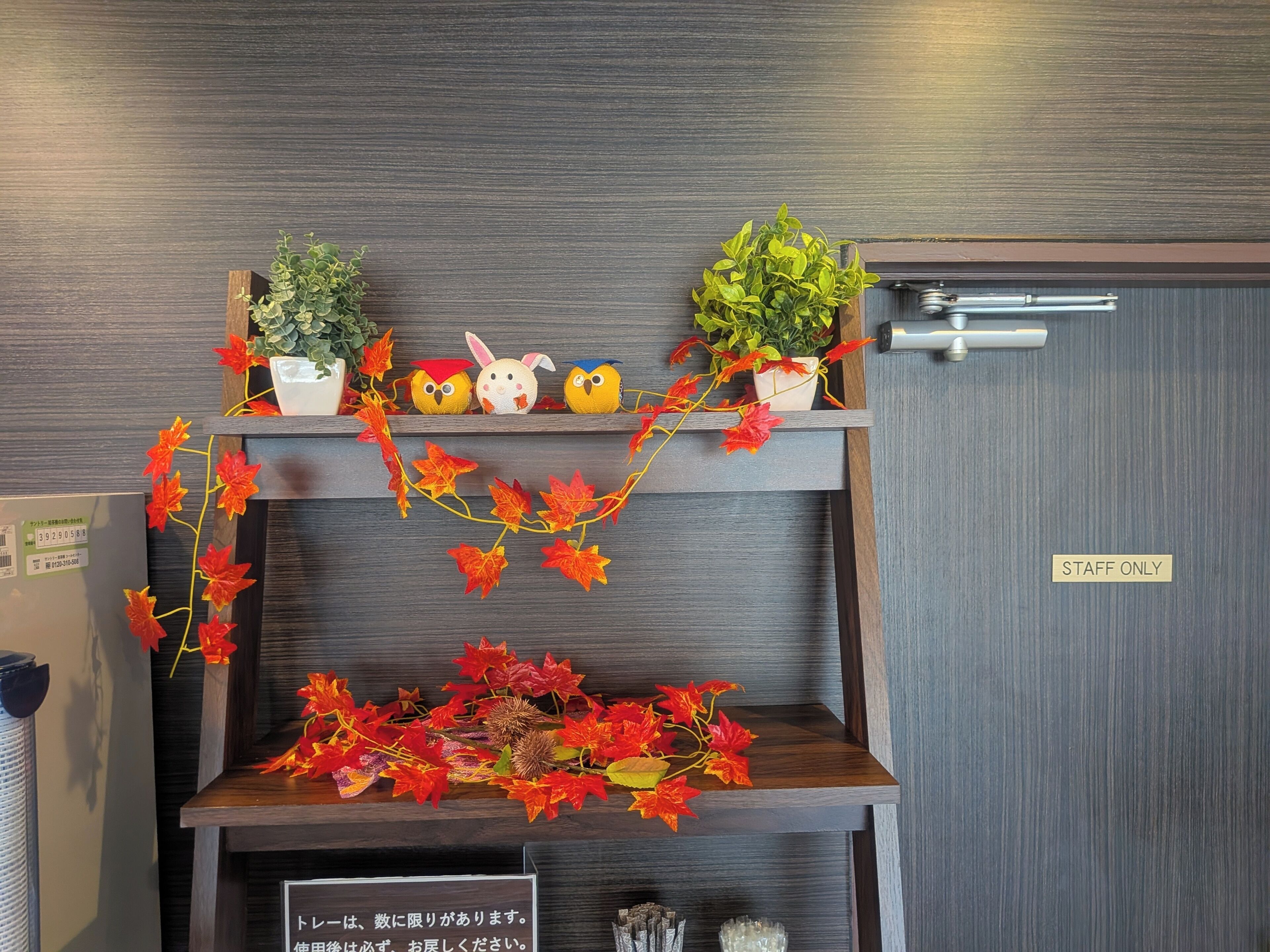 A hotel reception area with a wooden reception desk, a 'STAFF ONLY' sign, and decorative elements including potted plants and artificial flowers.