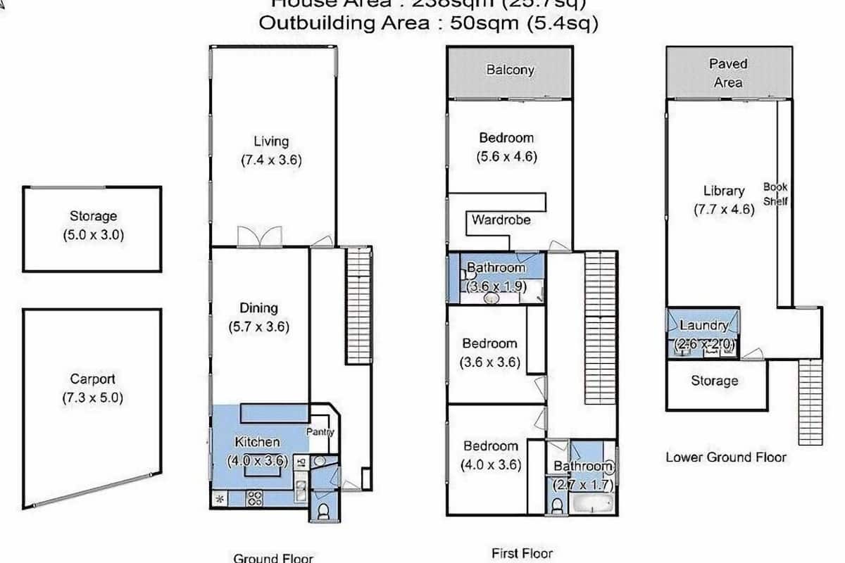 A floor plan of a house with a ground floor and first floor, including a carport, storage, dining, kitchen, living area, bedrooms, bathroom, wardrobe, balcony, library, book shelf, and a paved area.
