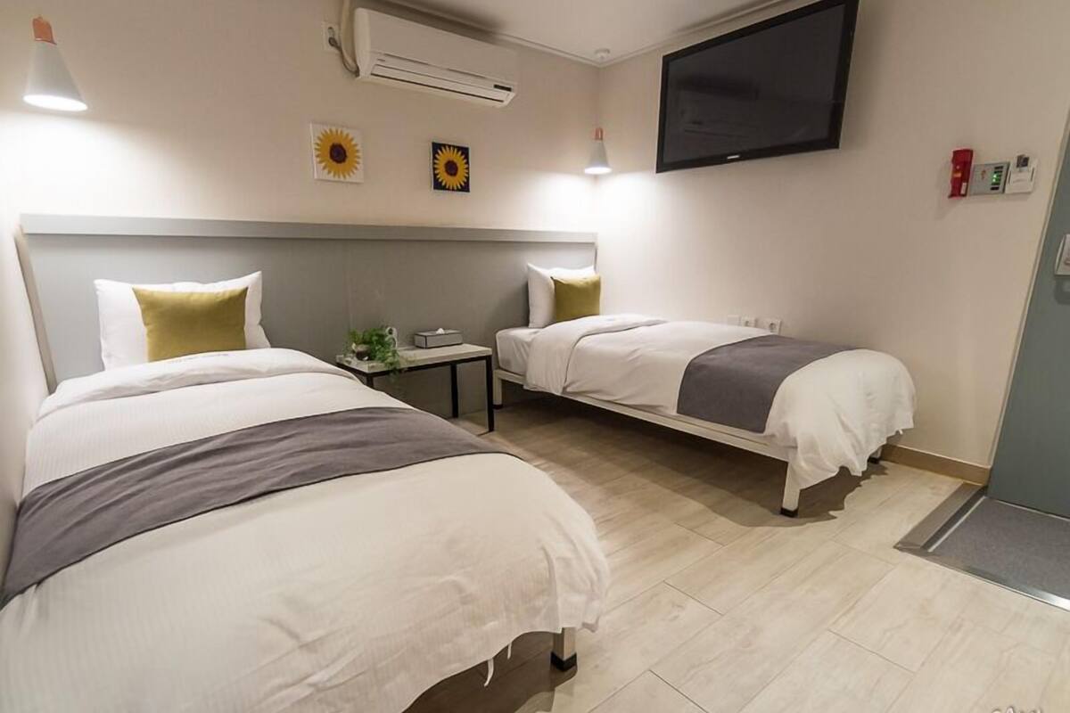 A hotel room with two beds, a TV, an air conditioner, and a small table with a plant.