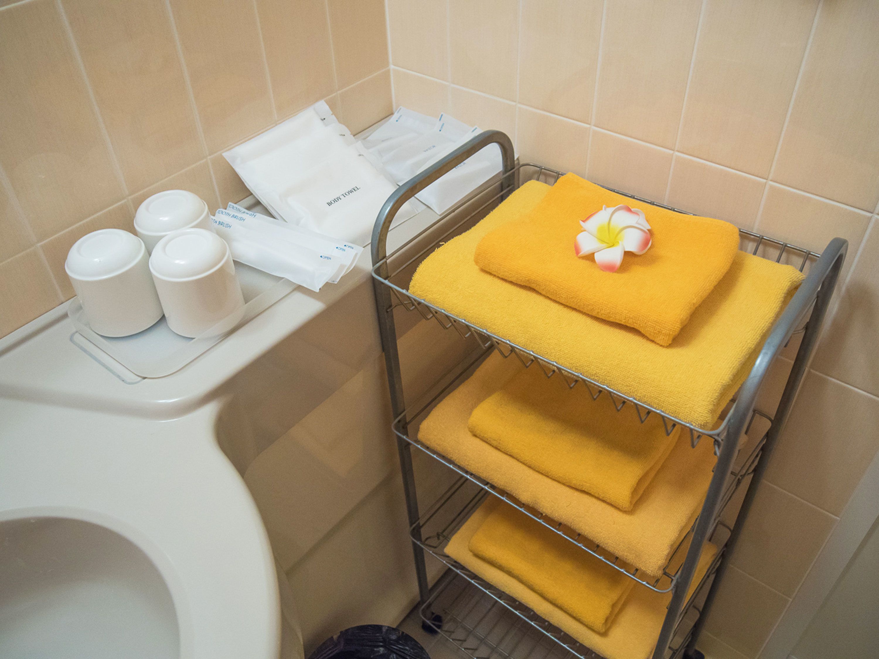 twin room | bathroom | free toiletries, hair dryer, slippers, towels