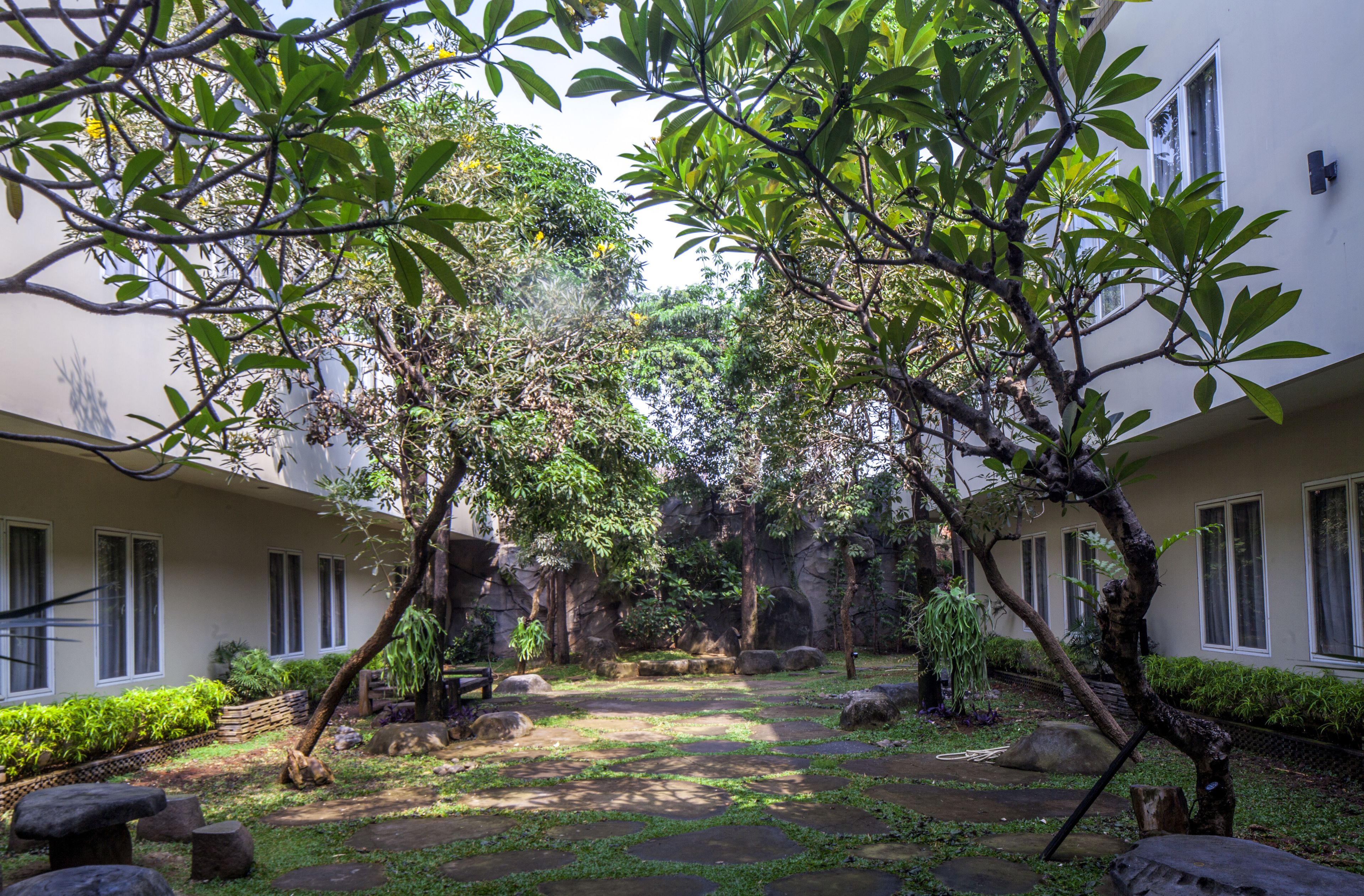 A courtyard with a stone pathway, benches, and greenery.