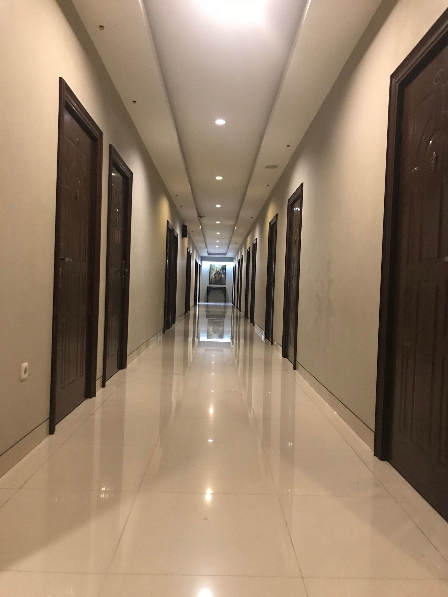 A long, narrow hallway with a shiny tiled floor and dark wooden doors on both sides.