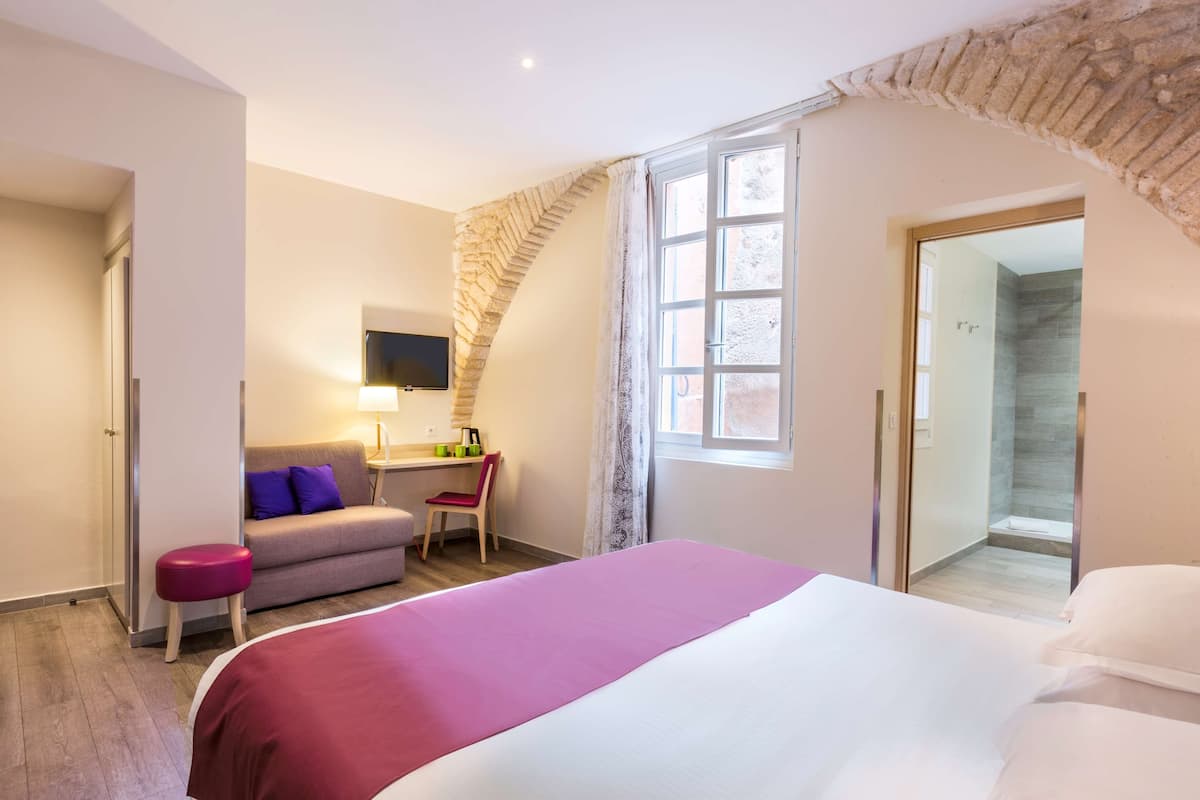 Une chambre d’hôtel avec un grand lit, un bureau avec une chaise, une télévision et un espace douche.