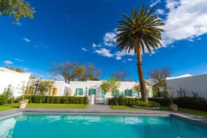 Relax by the serene pool surrounded by lush greenery and a majestic palm tree.